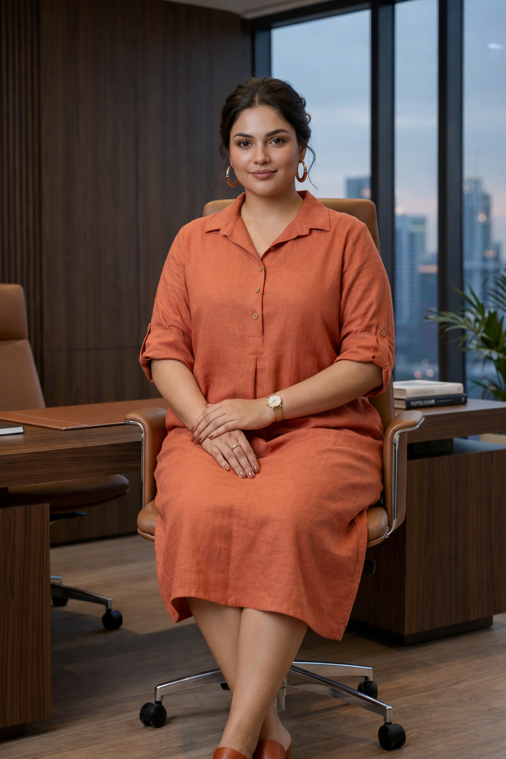 Rust Orange Mid-Length Linen Shirt Collar Dress