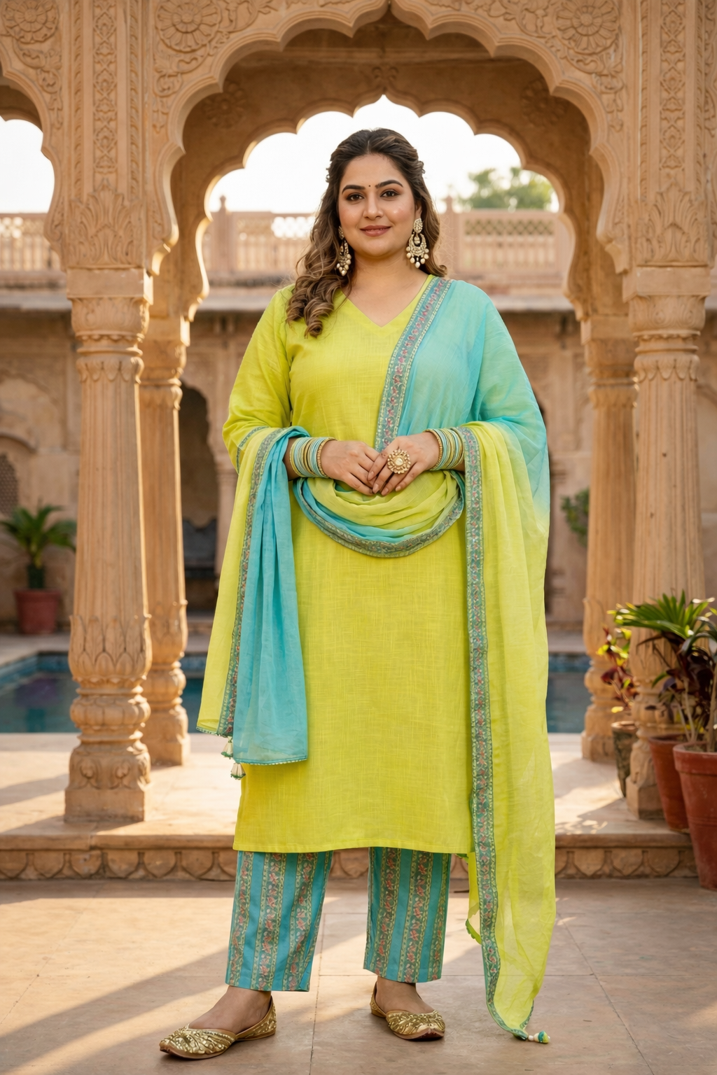 Lime Green Straight Cotton Slub Kurta Suit Set - (Set of 3)