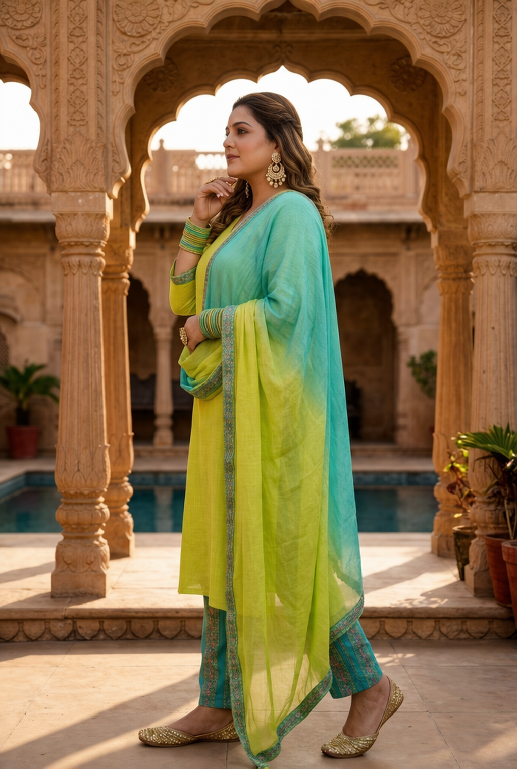 Lime Green Straight Cotton Slub Kurta Suit Set - (Set of 3)