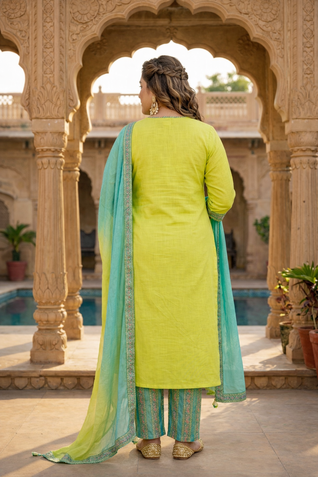 Lime Green Straight 100% Cotton Slub Kurta Suit Set - (Set of 3)