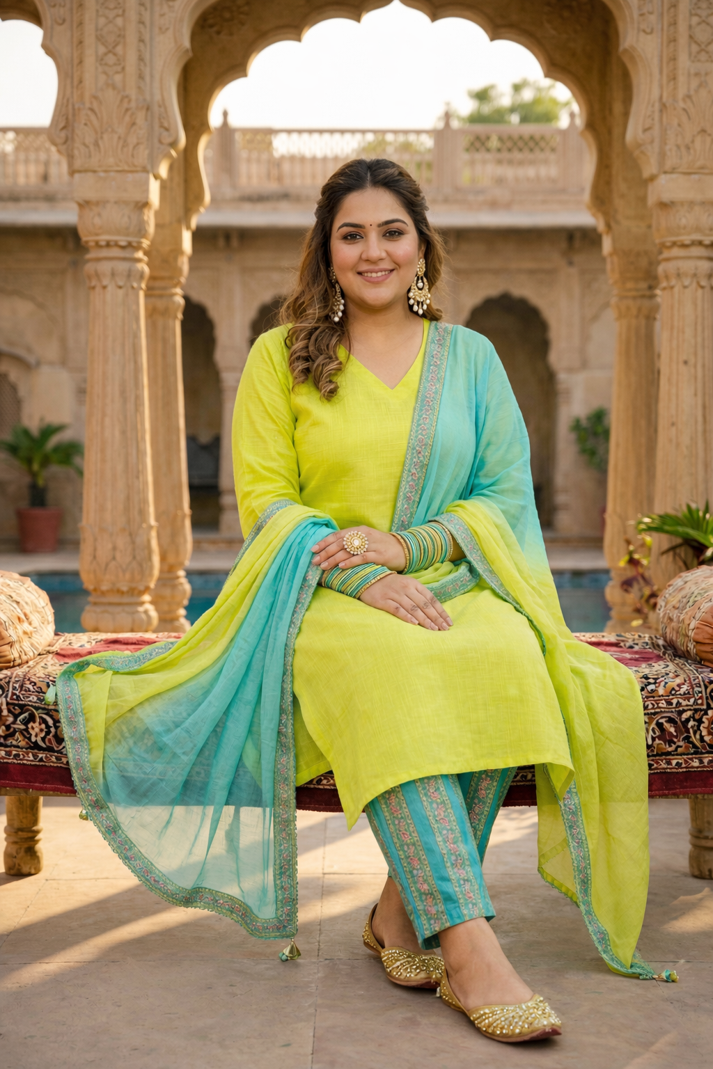 Lime Green Straight Cotton Slub Kurta Suit Set - (Set of 3)