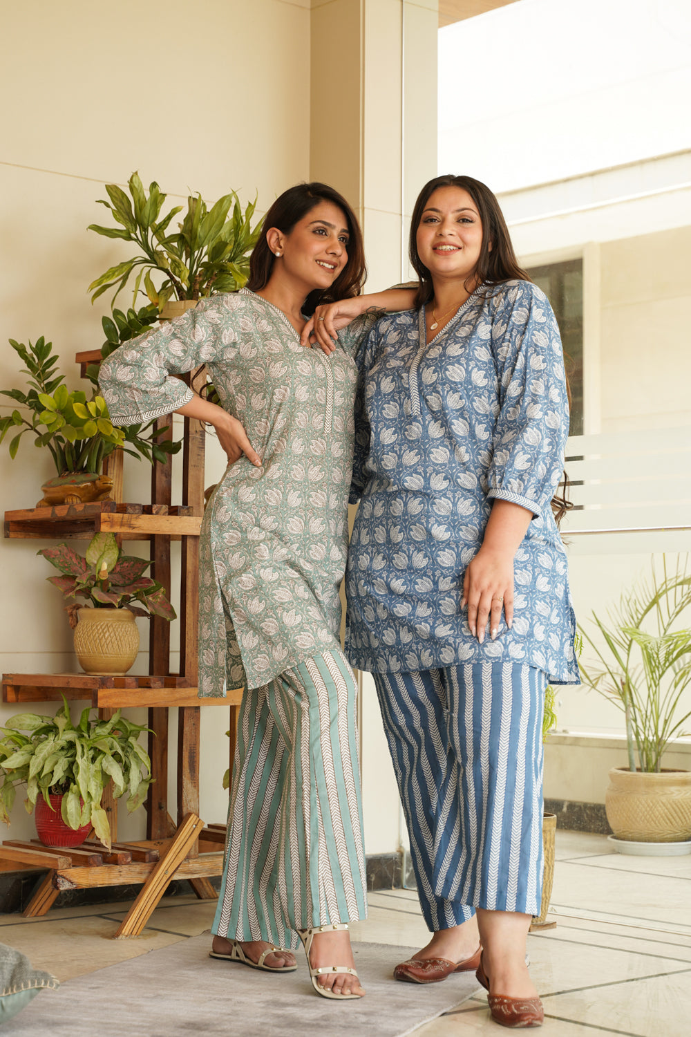 Mint Floral Short V-Neck Kurta & Striped Palazzo Set (Set of 2)