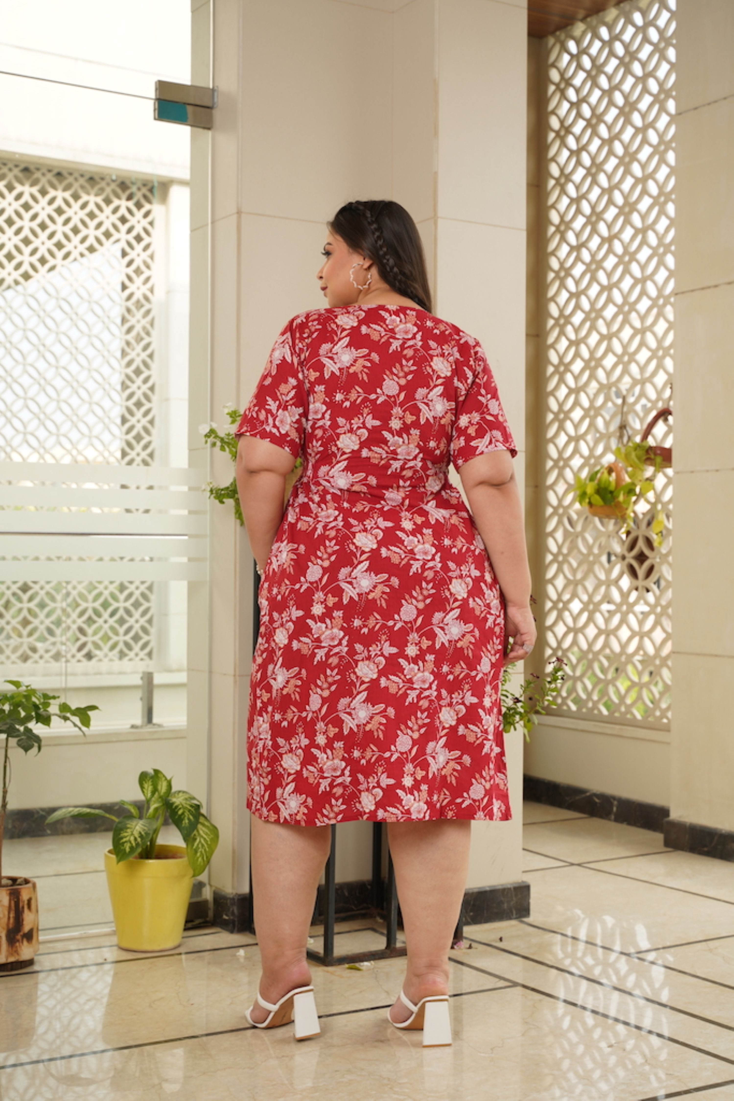 Red Floral Cotton Button Down Dress - Plus size