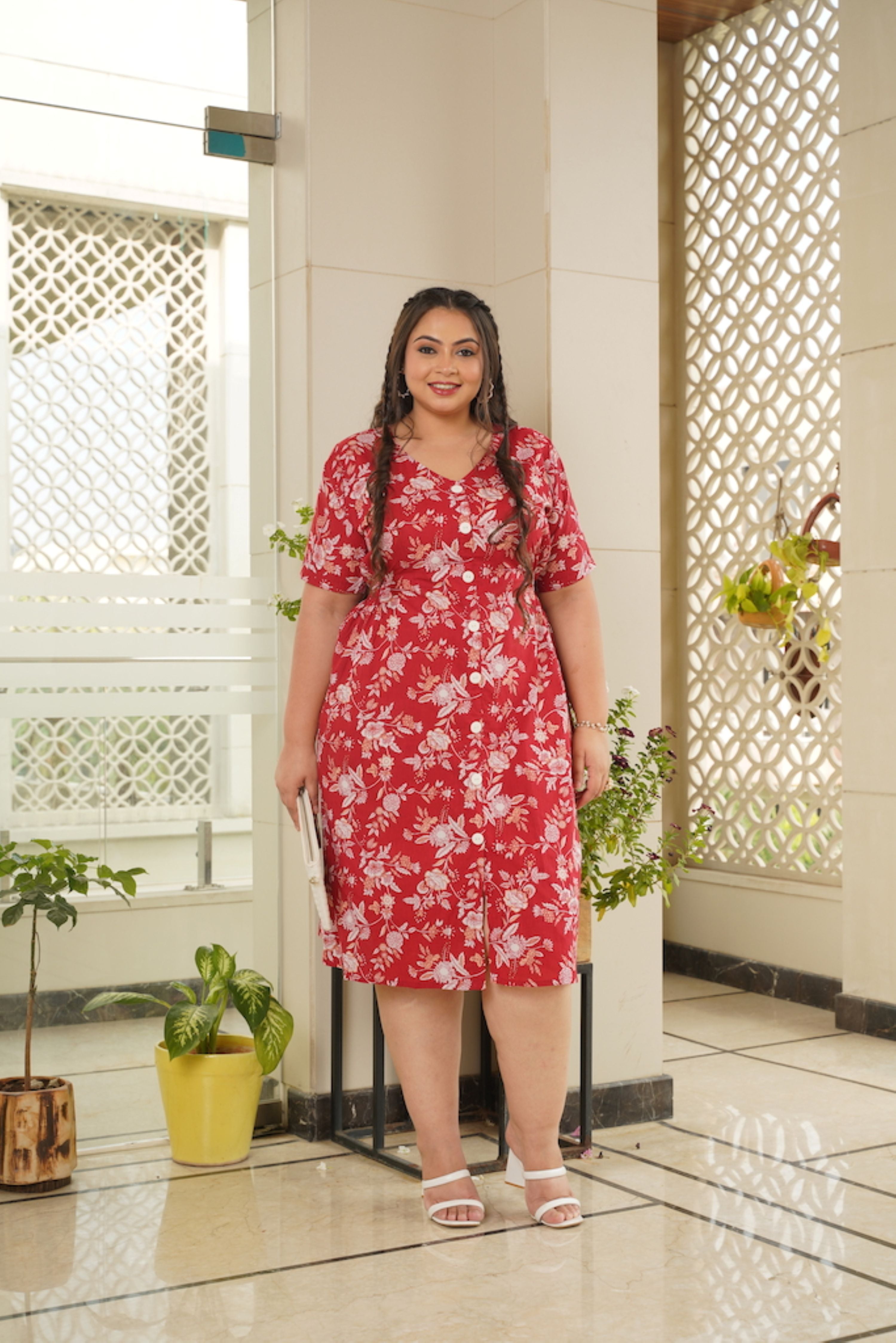 Red Floral Cotton Button Down Dress - Plus size