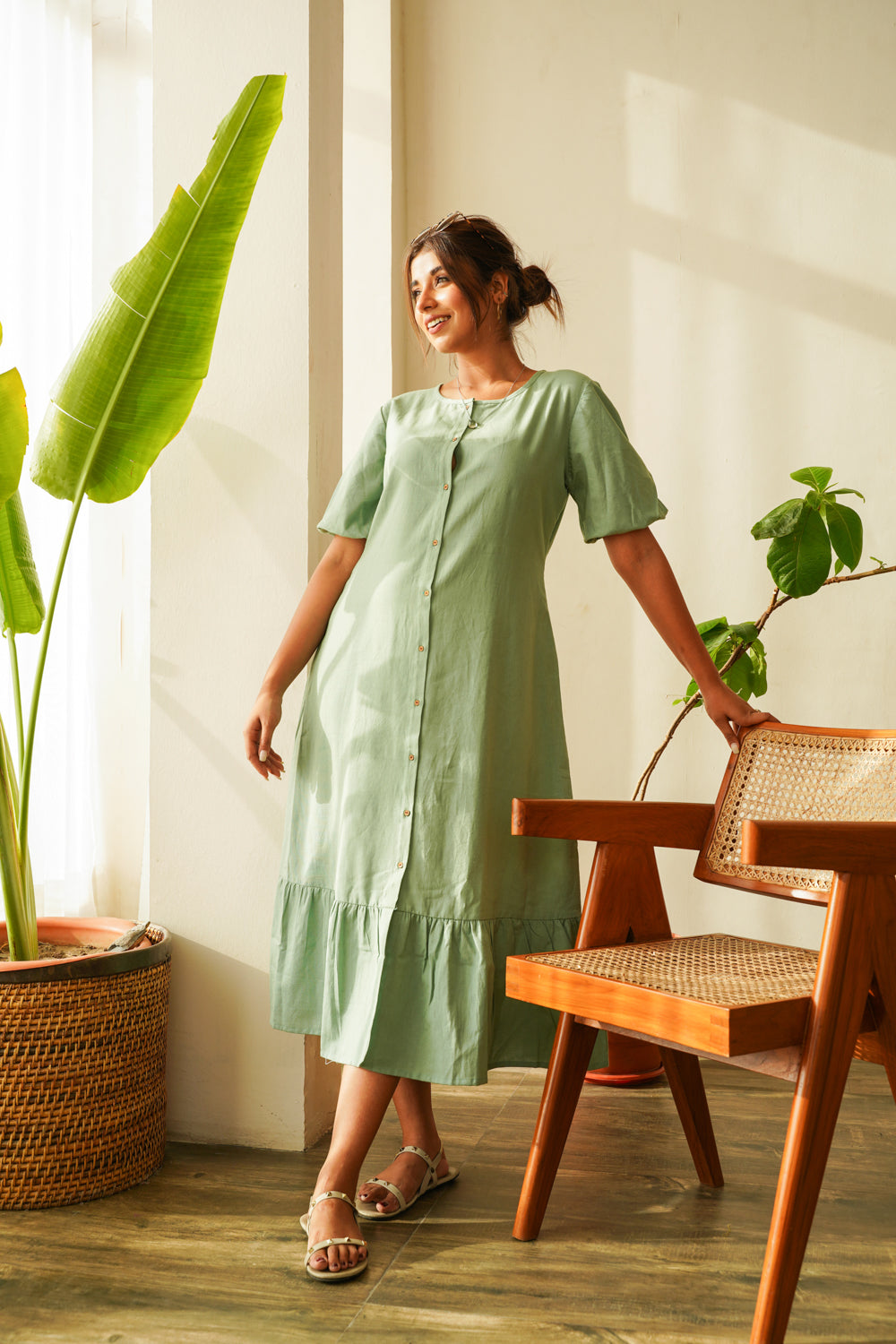 Dusty Green Tiered Linen Shirt Dress
