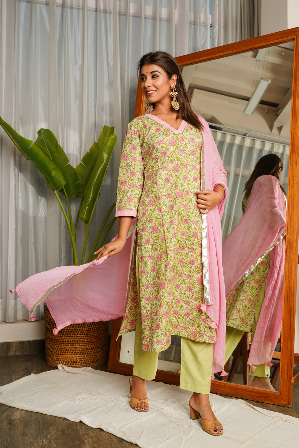 Pear Green V-Neck Cotton Printed Suit Set (Set of 3)