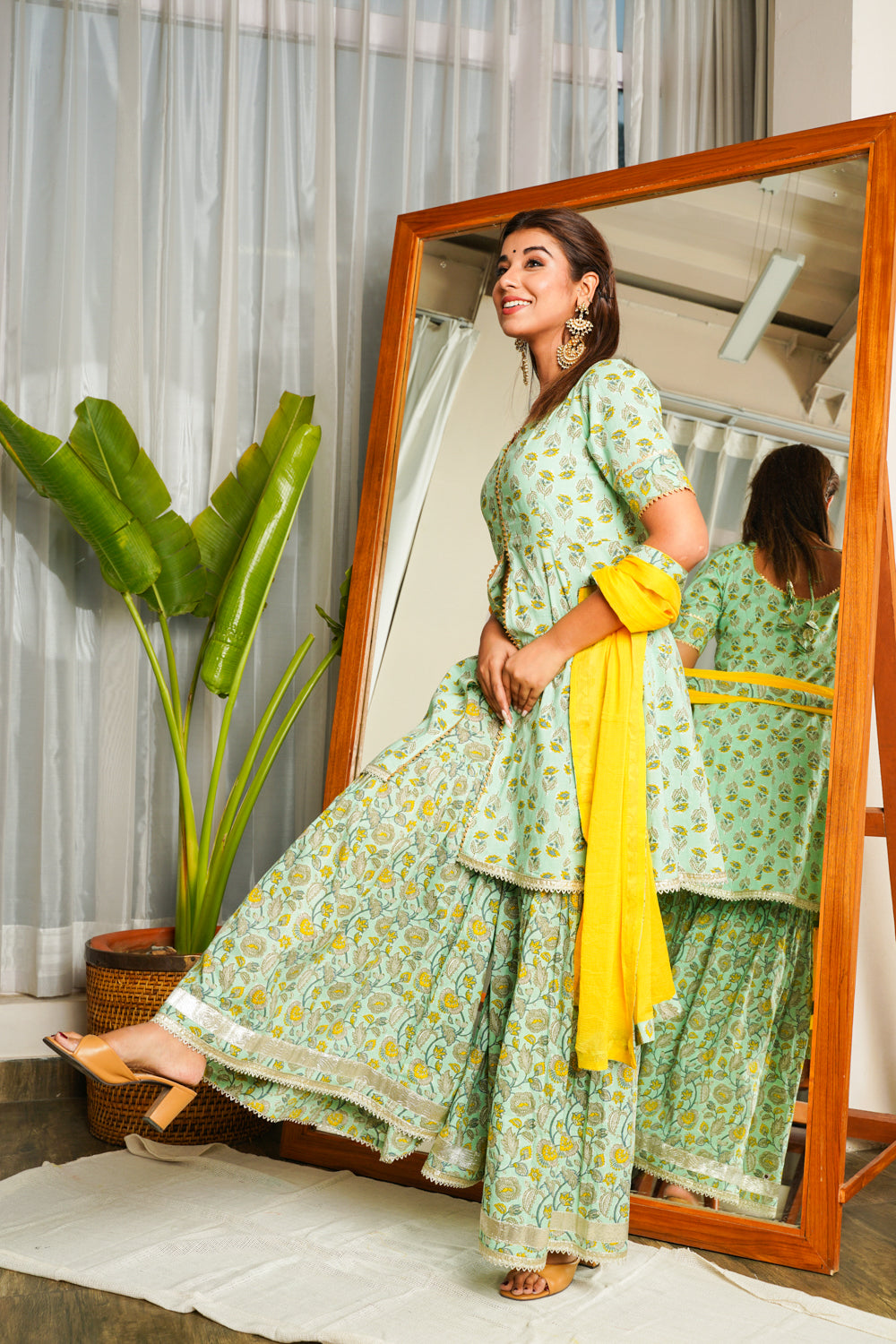 Mint Yellow Gotta Lace Sharara Set - (Set of 3)