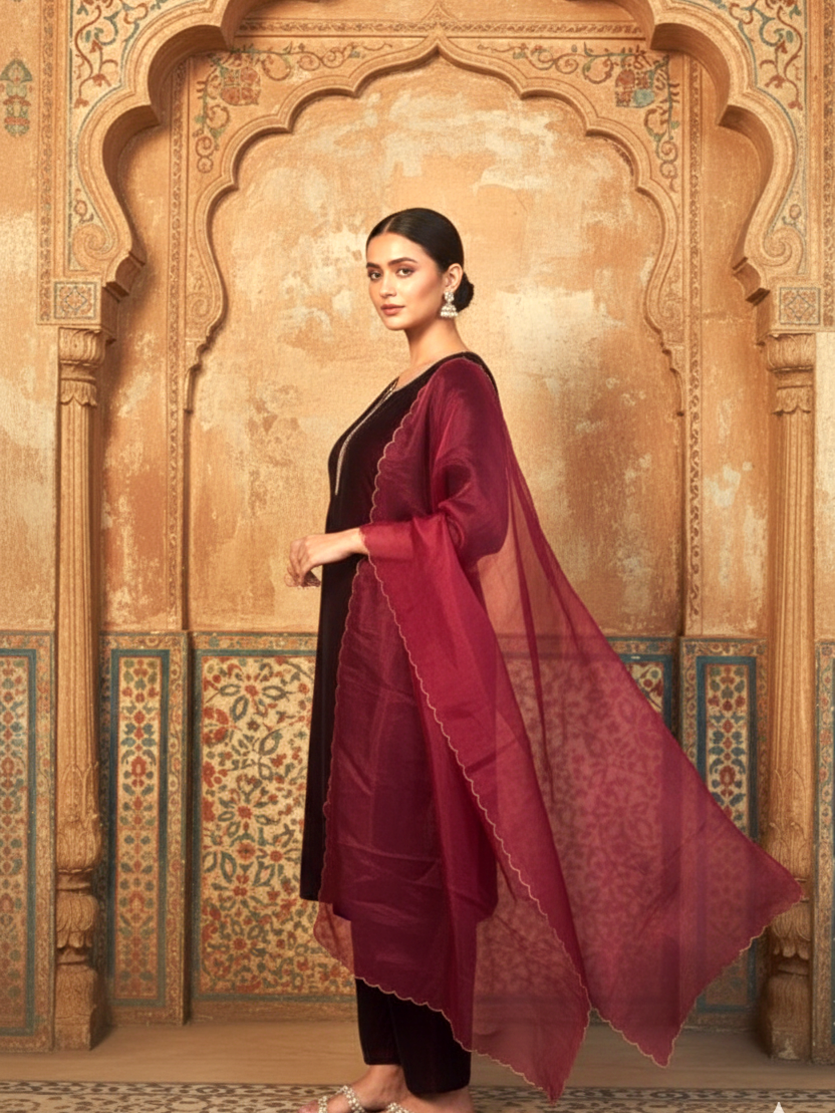 Wine Velvet Kurta Set - (Set of 3)