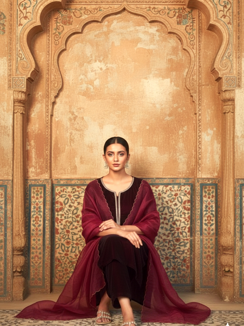 Wine Velvet Kurta Set - (Set of 3)