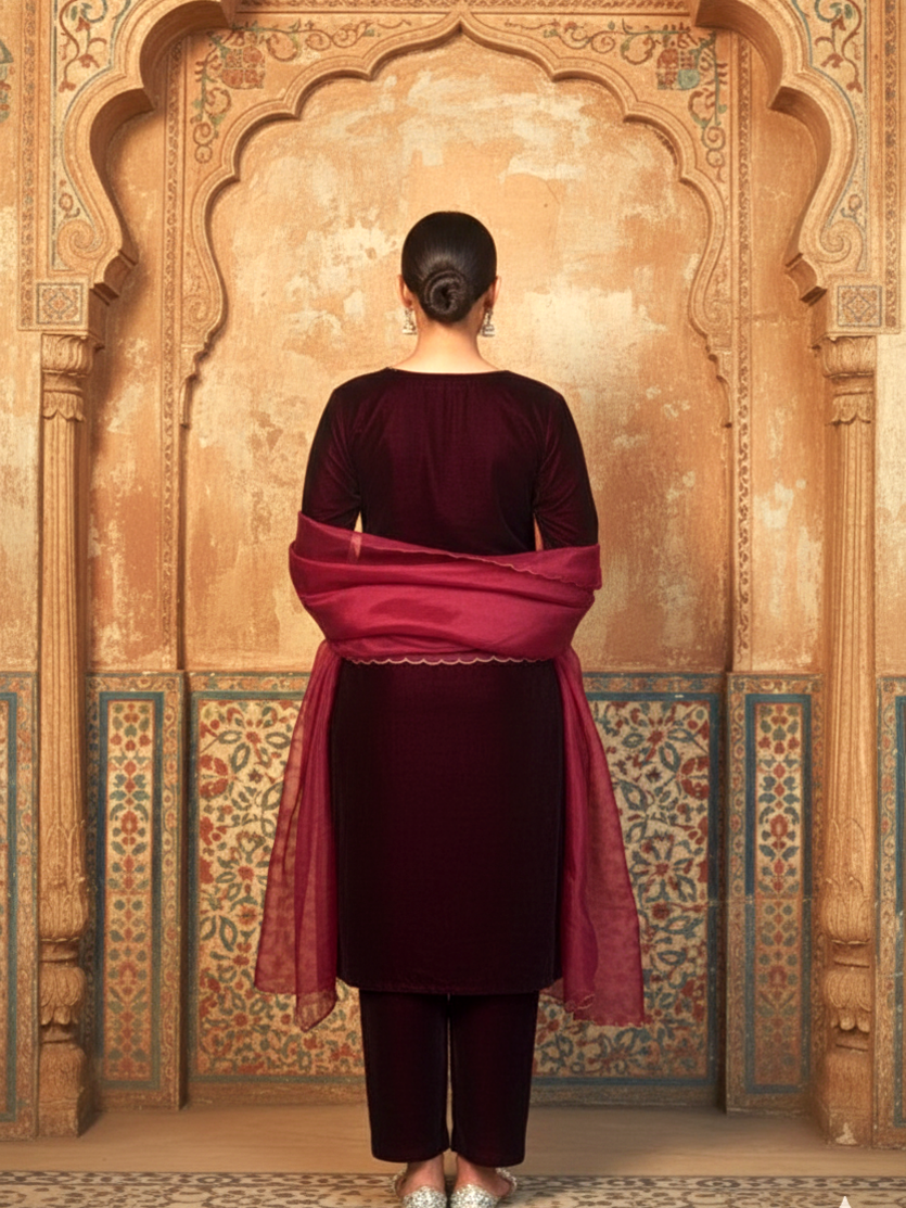 Wine Velvet Kurta Set - (Set of 3)