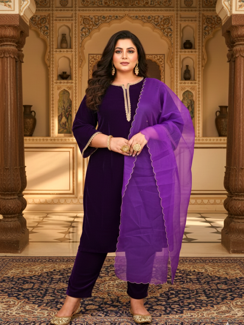 Regular Purple Velvet Kurta Set (Set of 3)