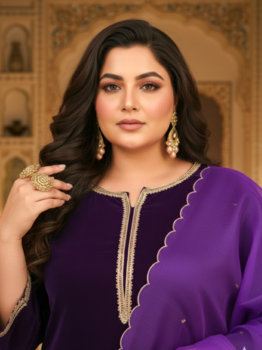 Regular Purple Velvet Kurta Set (Set of 3)