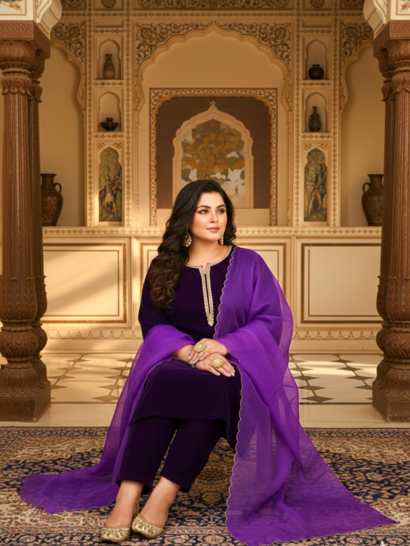 Regular Purple Velvet Kurta Set (Set of 3)