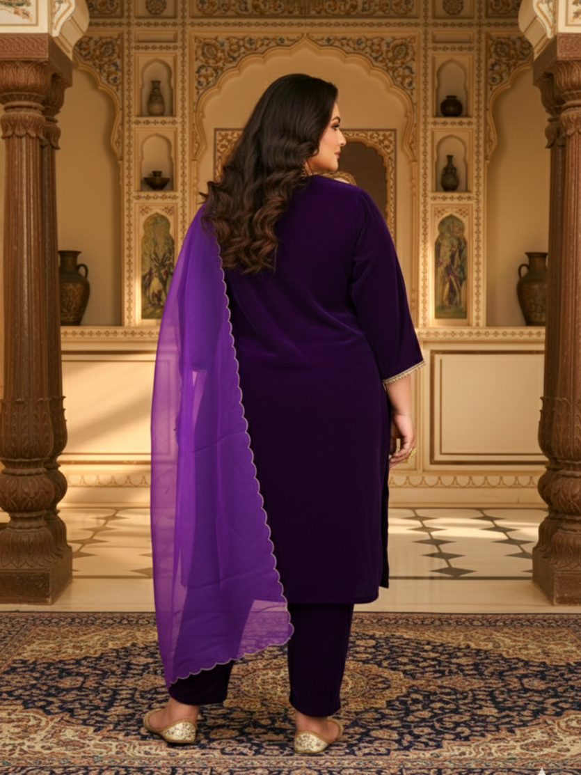 Regular Purple Velvet Kurta Set (Set of 3)