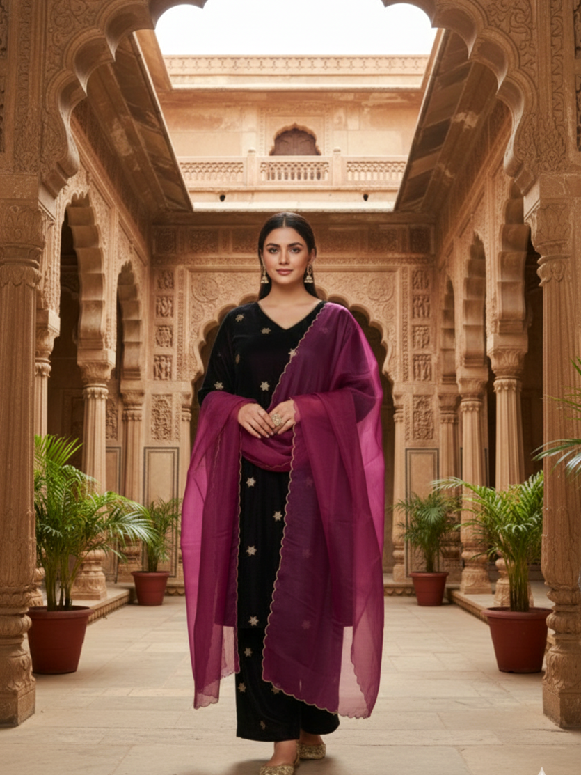 Regular Wine Embroidered Velvet Kurta Set (Set of 3)