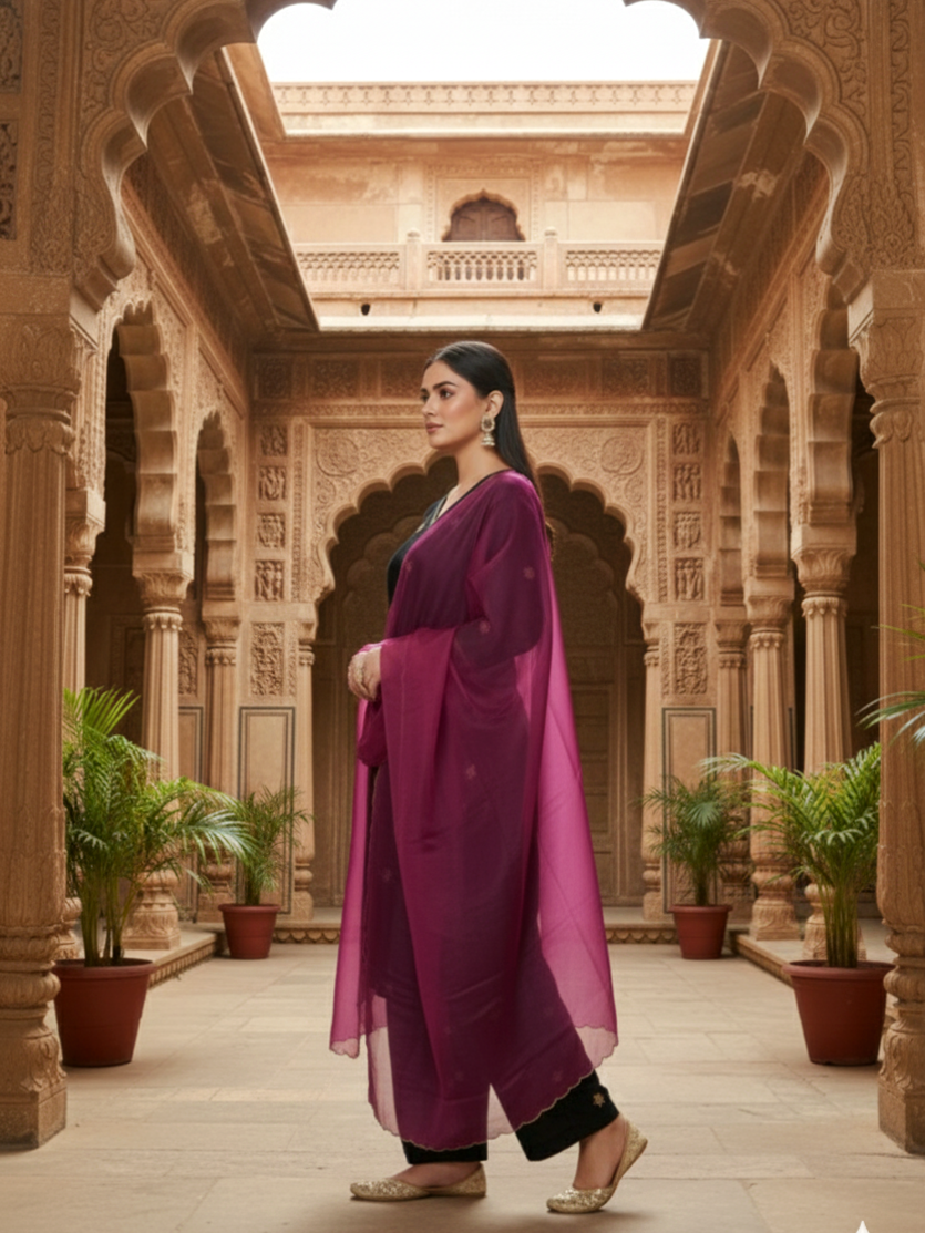 Regular Wine Embroidered Velvet Kurta Set (Set of 3)