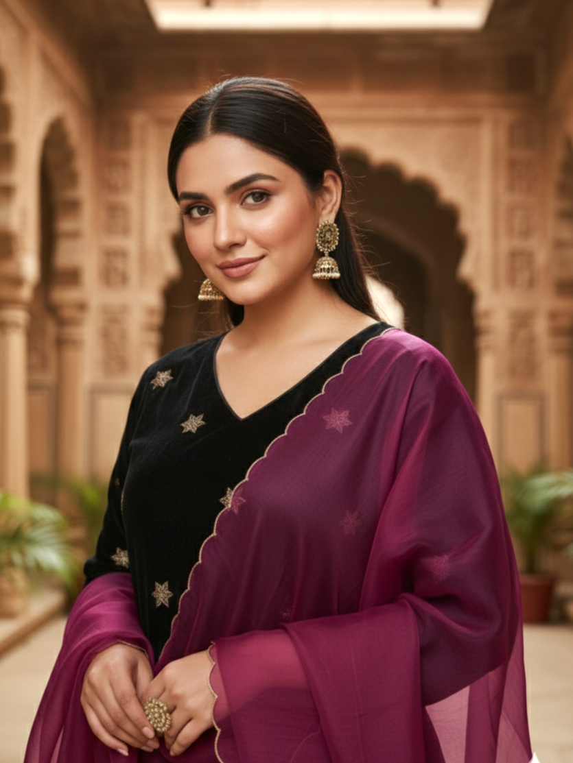 Regular Wine Embroidered Velvet Kurta Set (Set of 3)