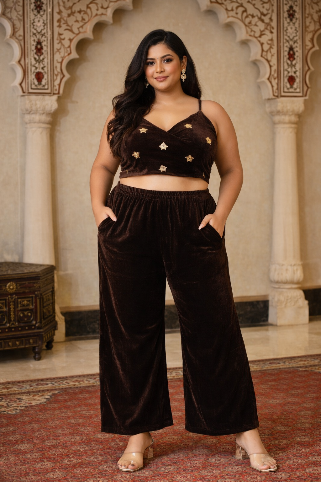 BROWN VELVET MID-RISE RELAXED FIT PANTS- plus size
