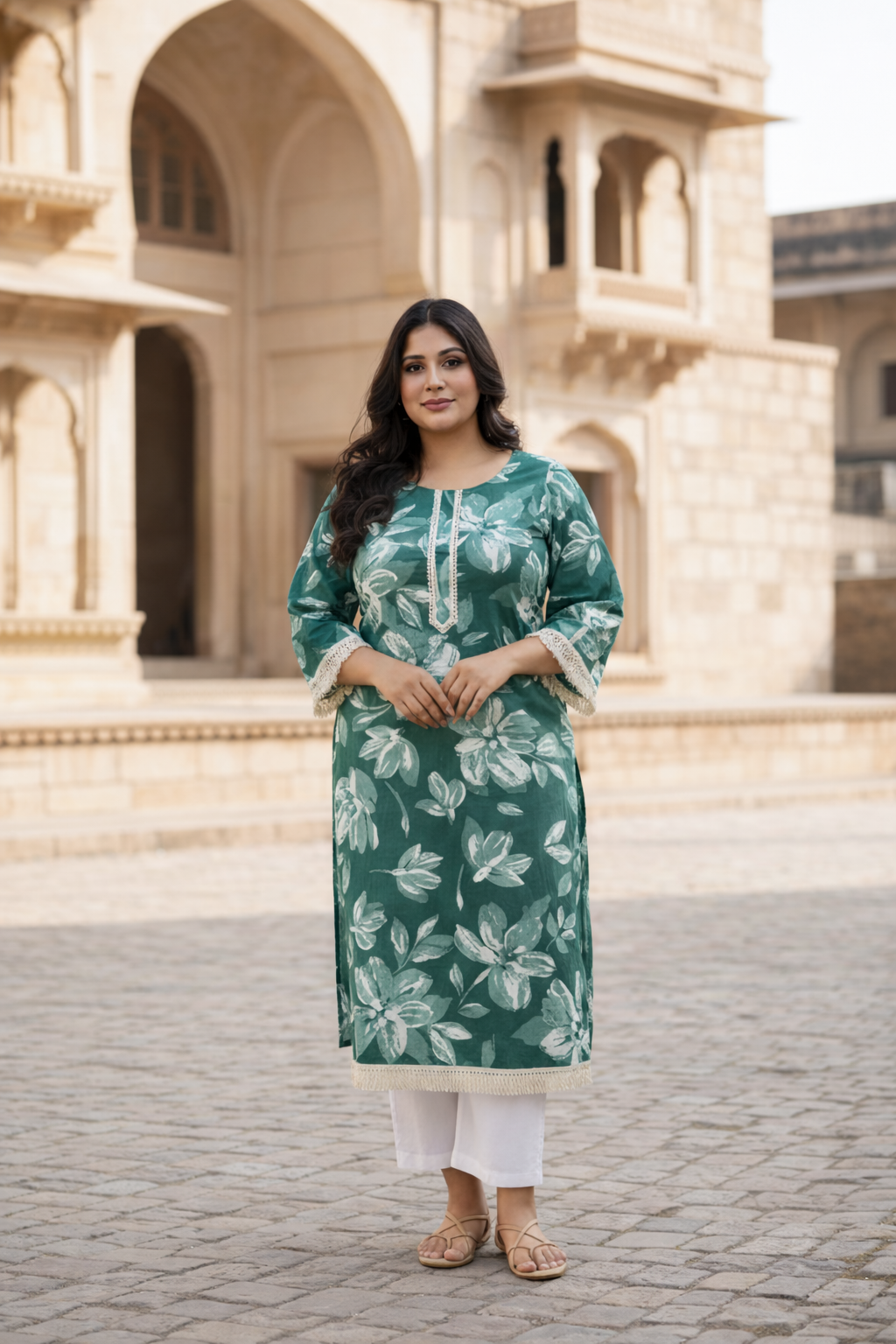 Deep Forest Green Floral Print Cotton Kurta Top