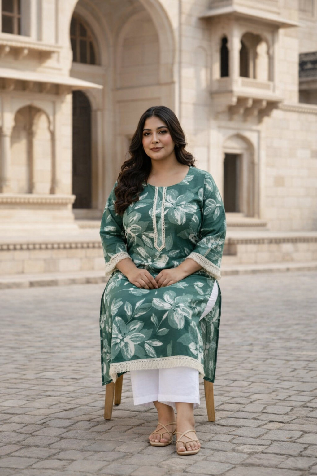 Deep Forest Green Floral Print Cotton Kurta Top