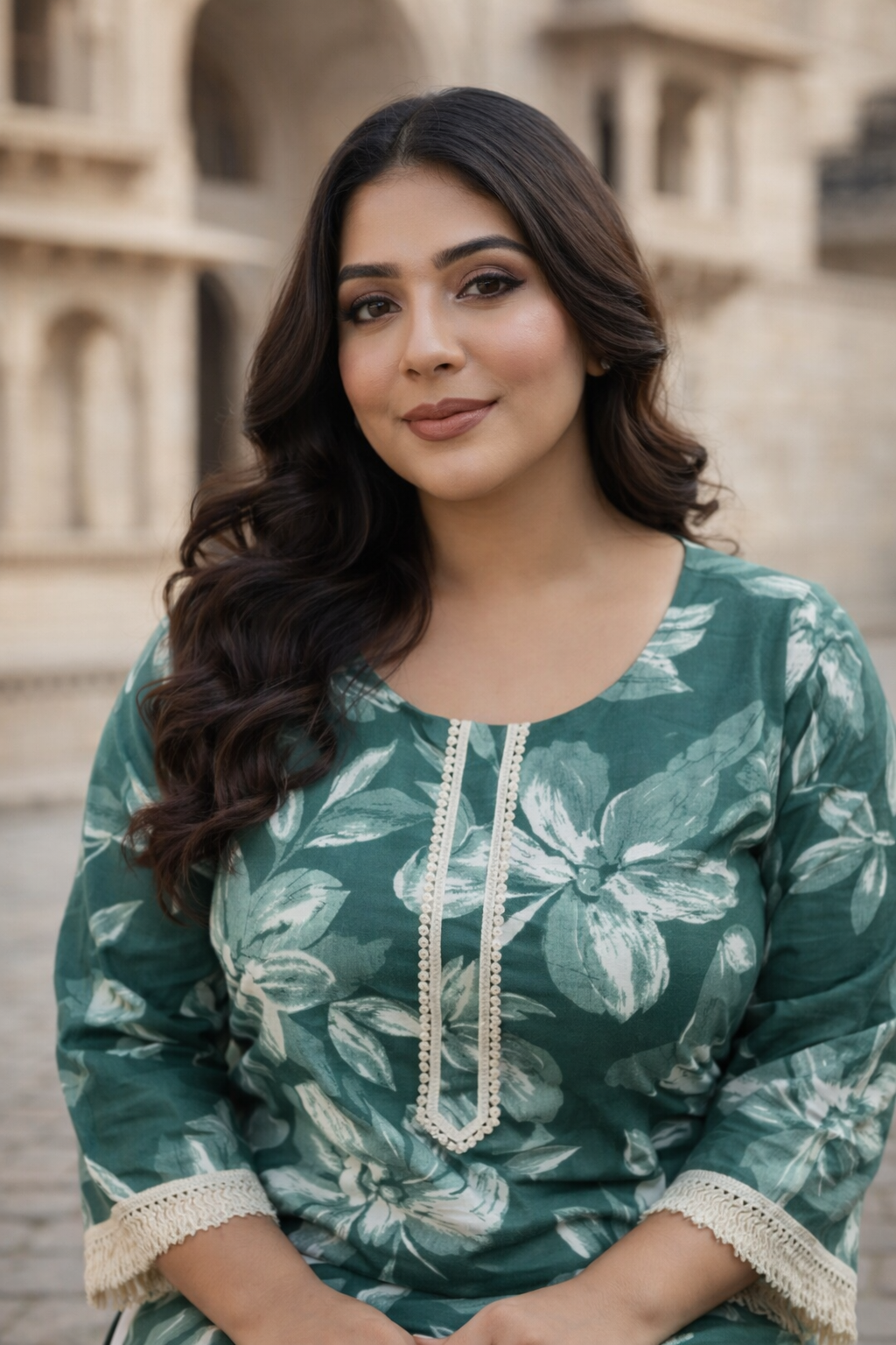 Deep Forest Green Floral Print Cotton Kurta Top