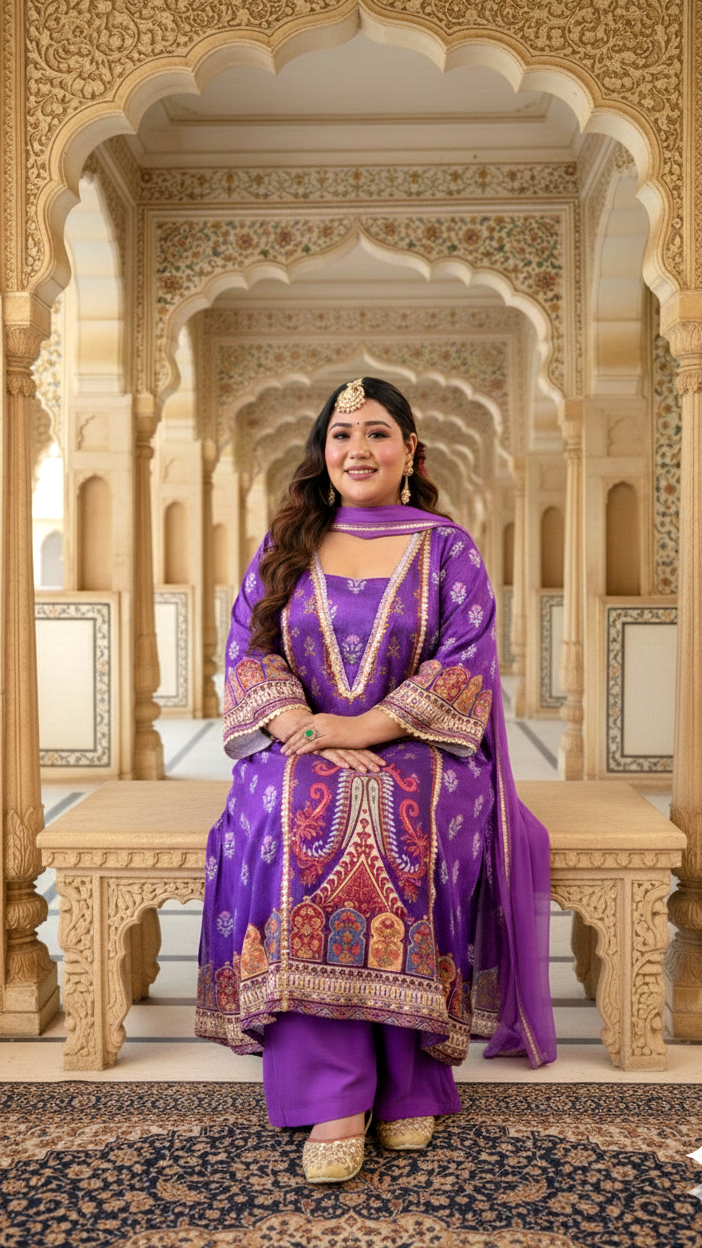 Lavender Satin Digital Print Kurta Set