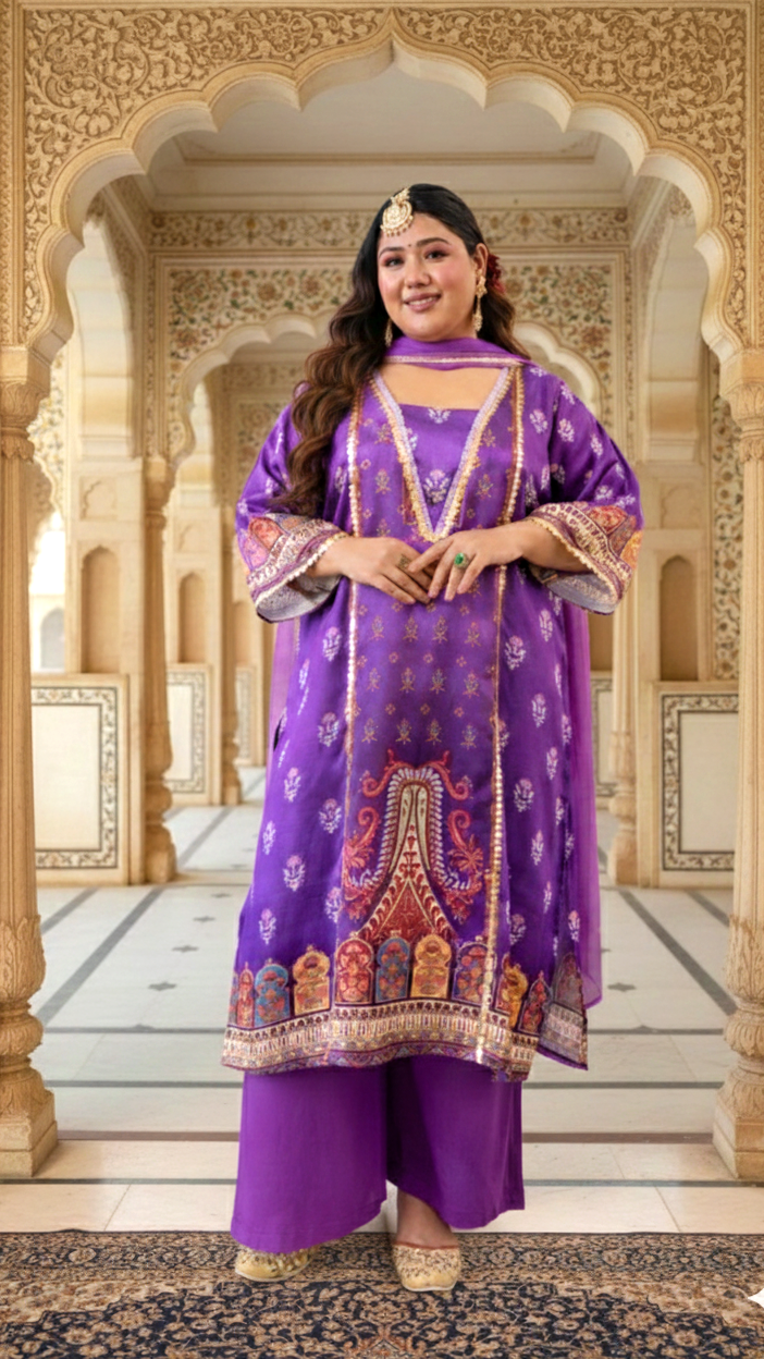 Lavender Satin Digital Print Kurta Set