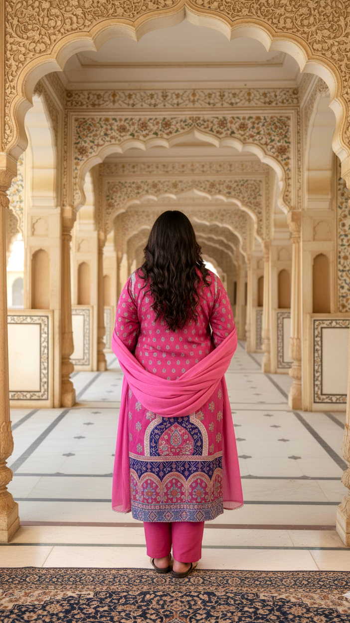 Fuchsia Pink Satin Digital Print Kurta Set