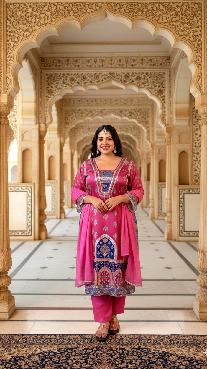 Fuchsia Pink Satin Digital Print Kurta Set