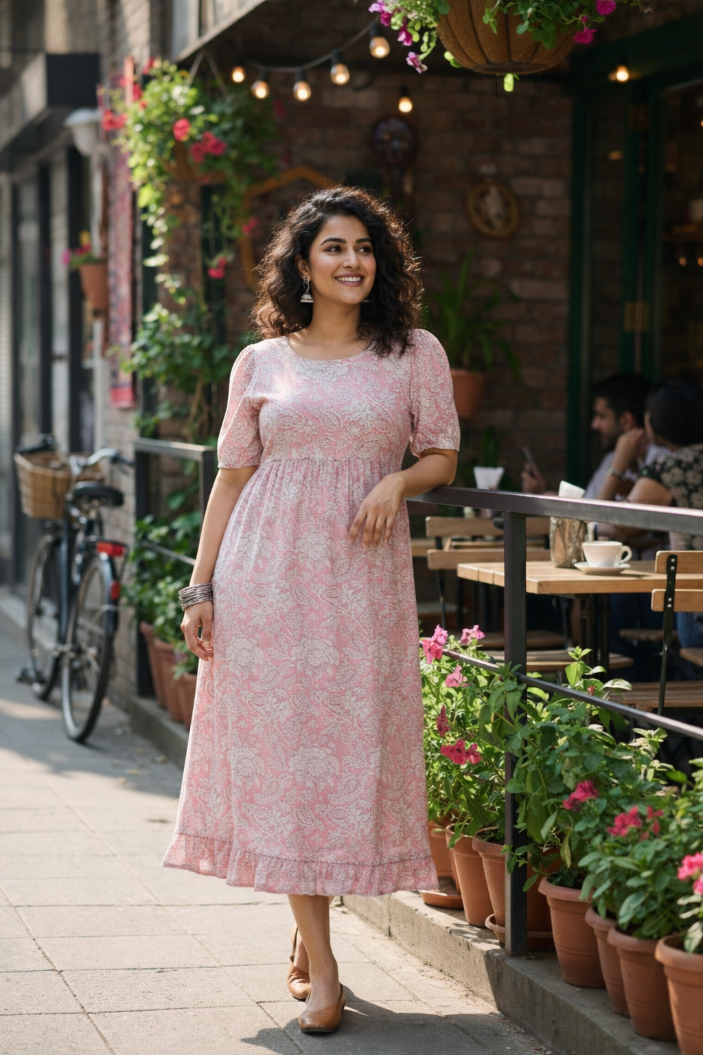 Pink Floral Cotton Gathered Maxi Dress