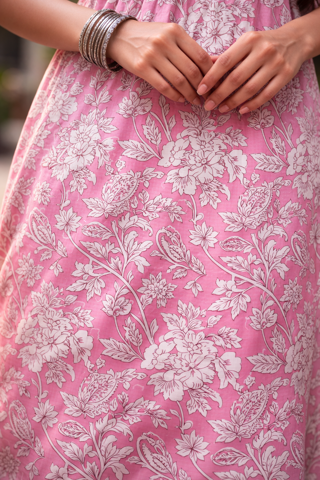 Pink Floral Cotton Gathered Maxi Dress