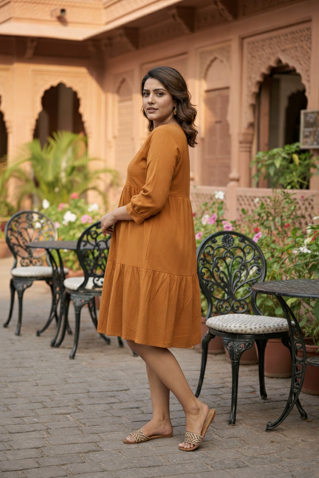 TAN TIERED LINEN DRESS