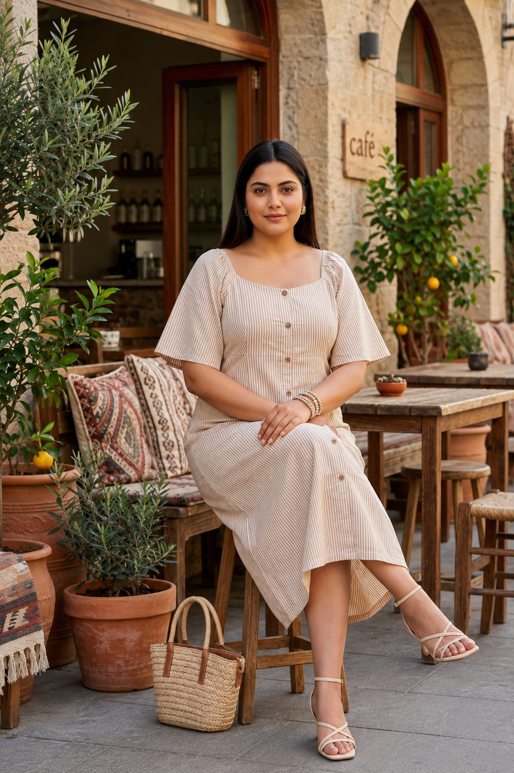 Beige Stripe Handblock Printed Cotton Midi Dress