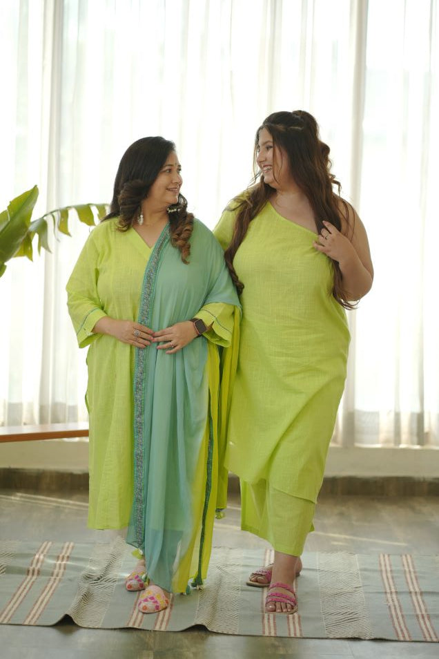 Lime Green Straight Cotton Slub Kurta Suit Set - (Set of 3)
