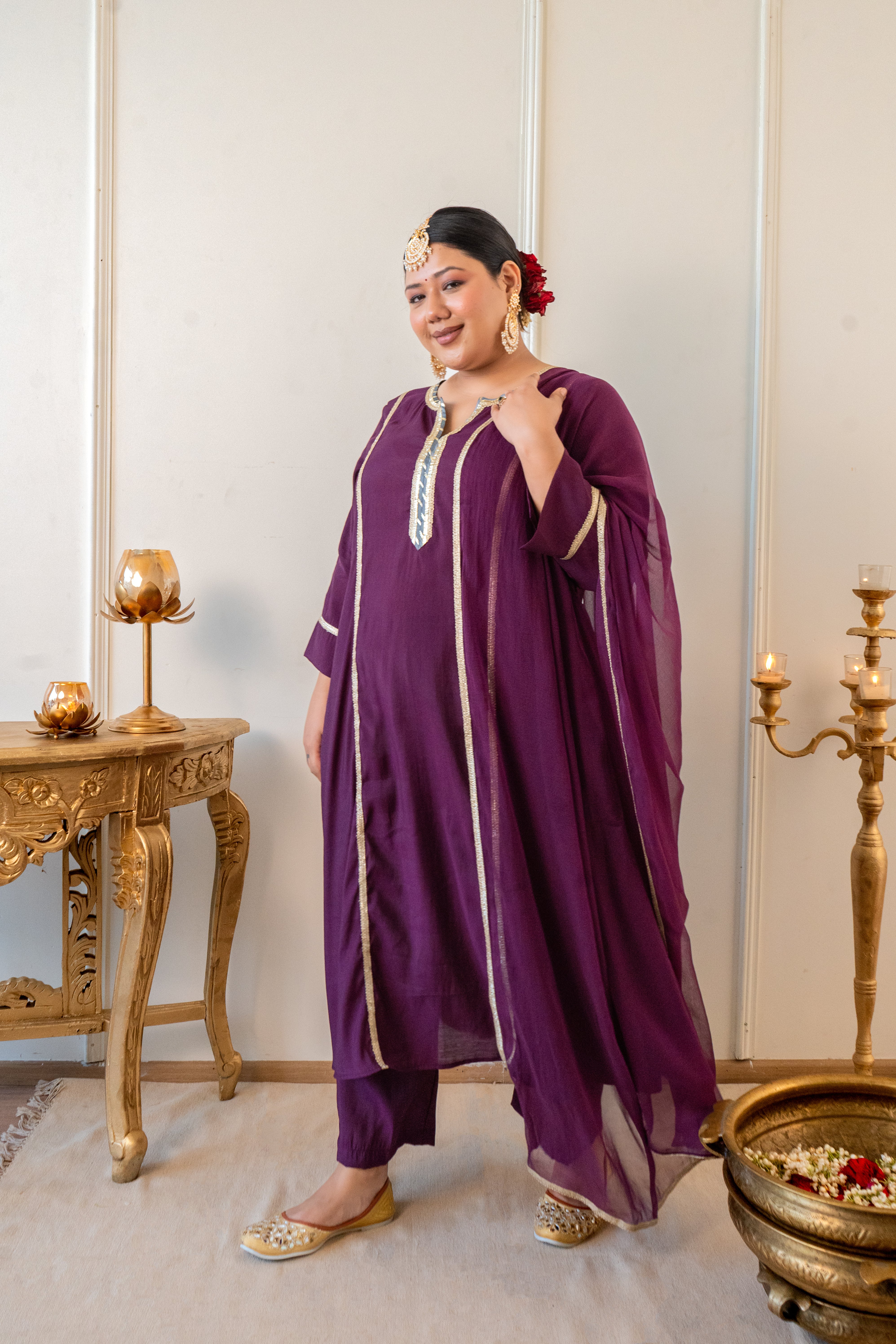 Plum Roman Silk Kurt Set with Gota Detailing