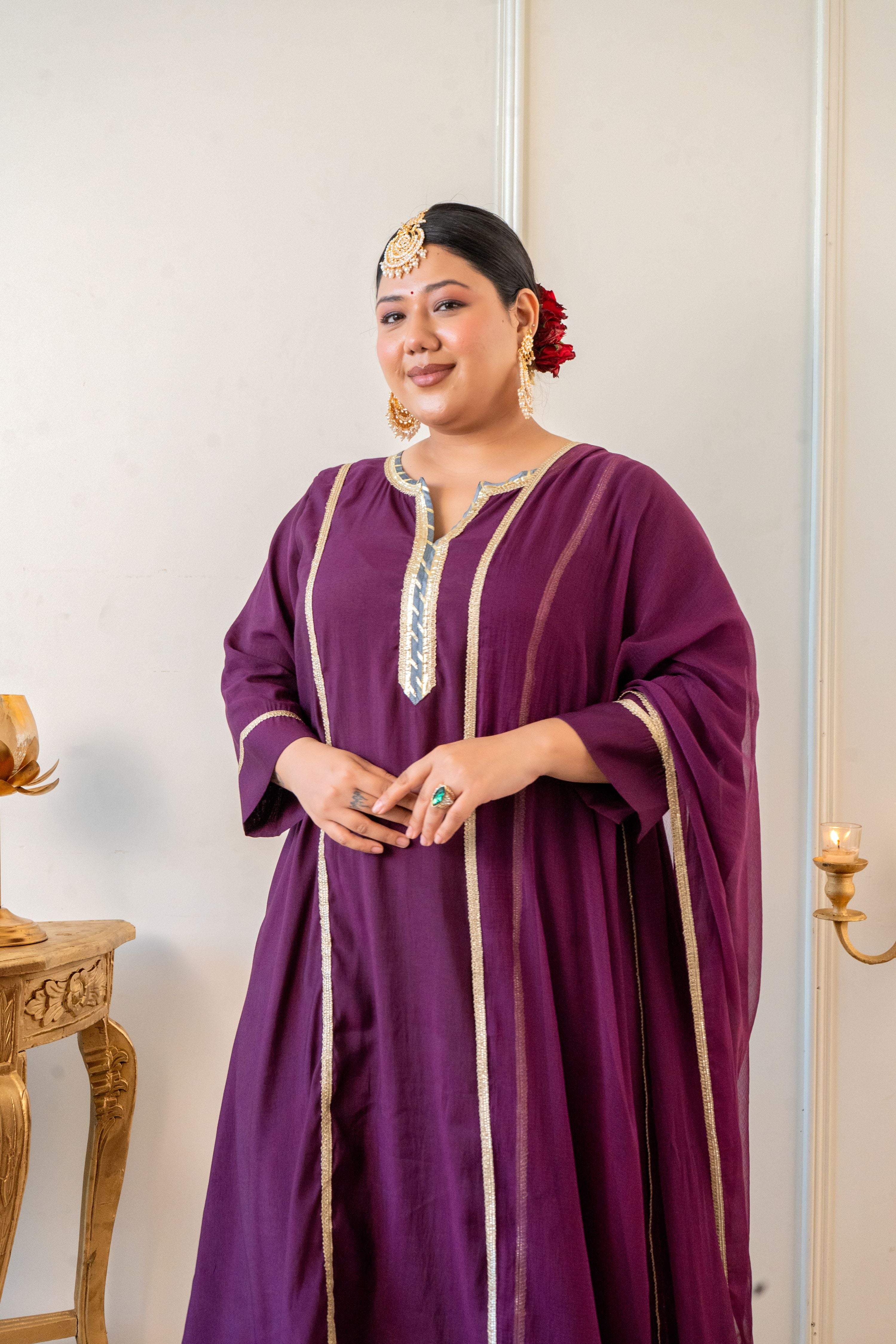 Plum Roman Silk Kurt Set with Gota Detailing