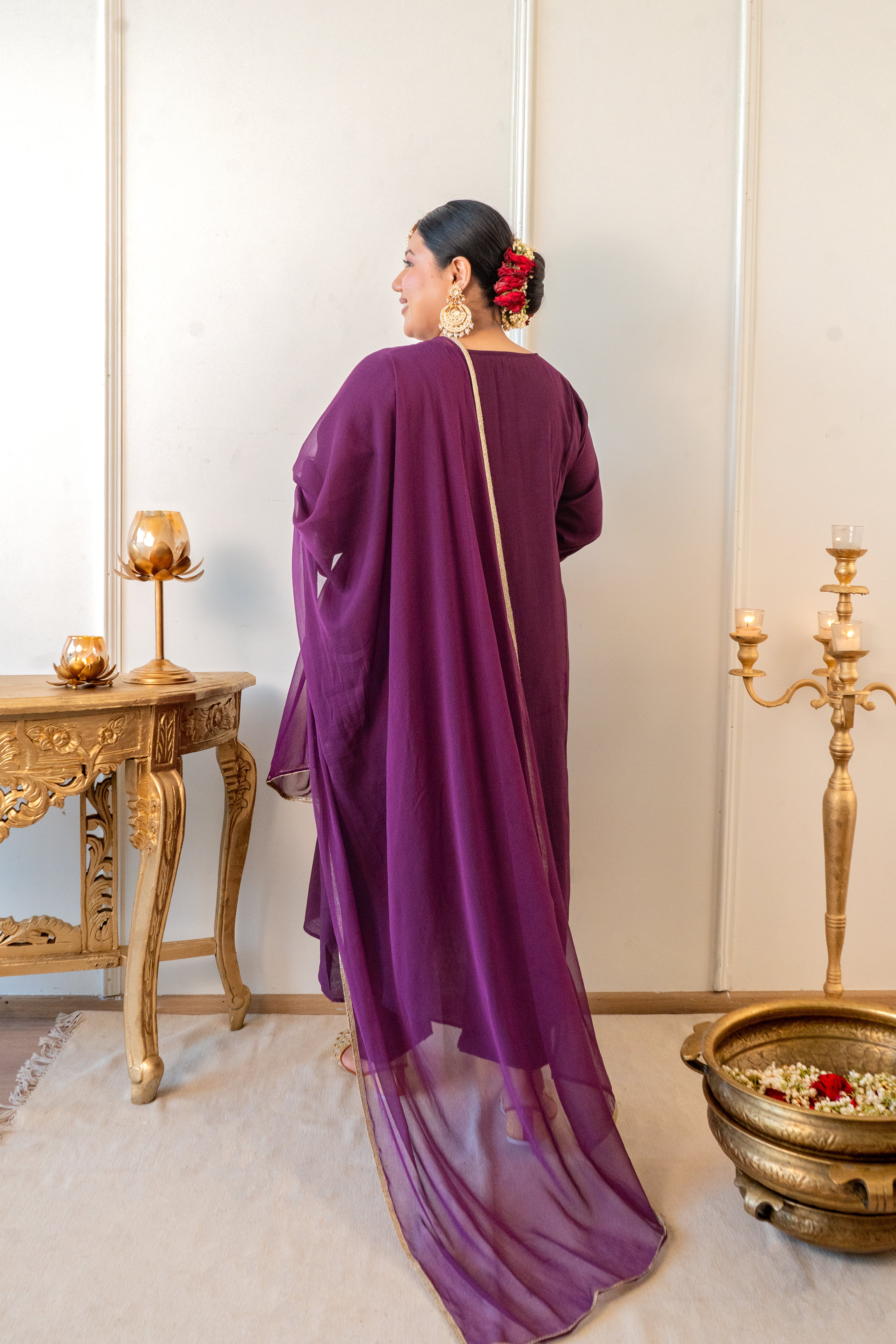 Plum Roman Silk Kurt Set with Gota Detailing