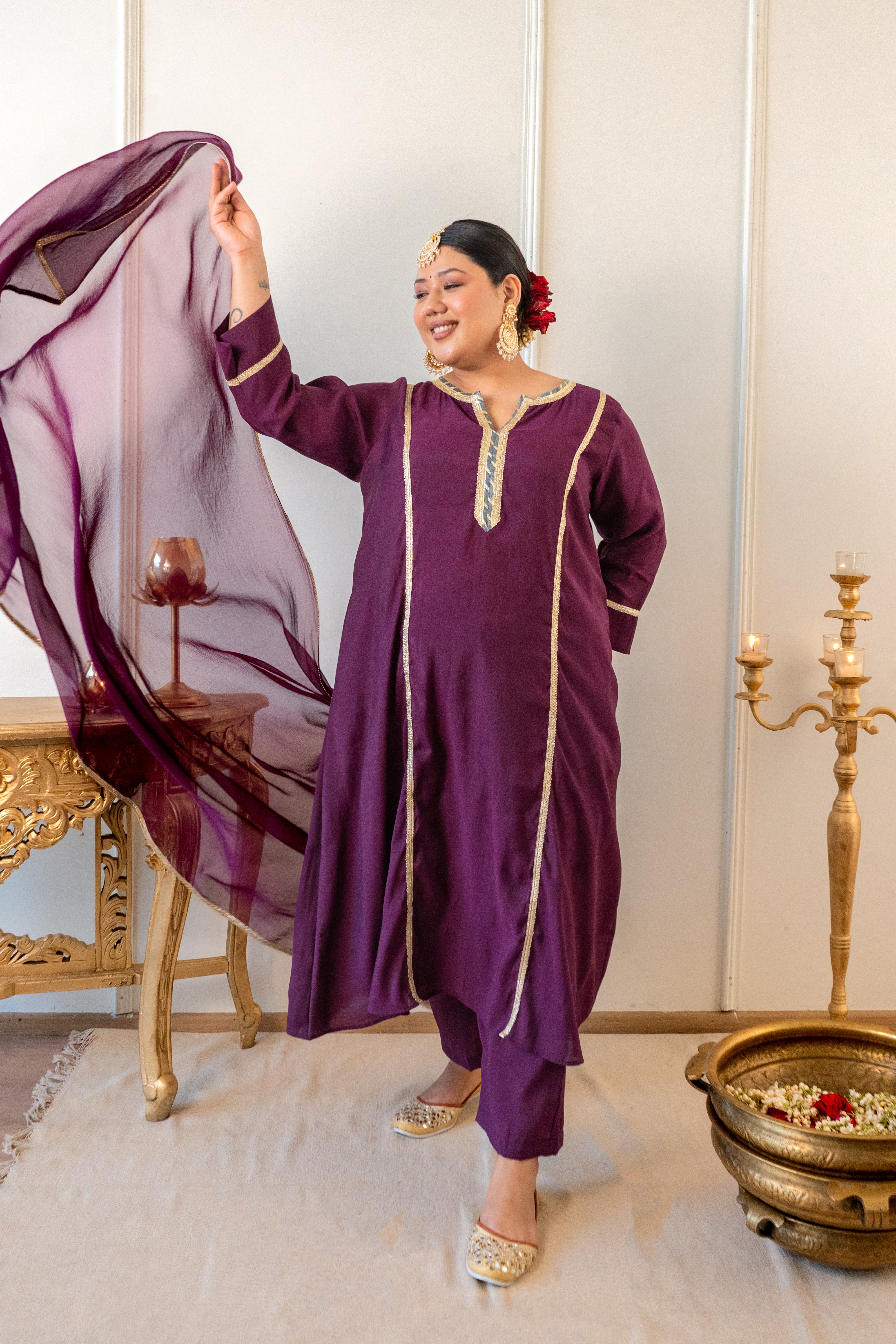 Plum Roman Silk Kurt Set with Gota Detailing