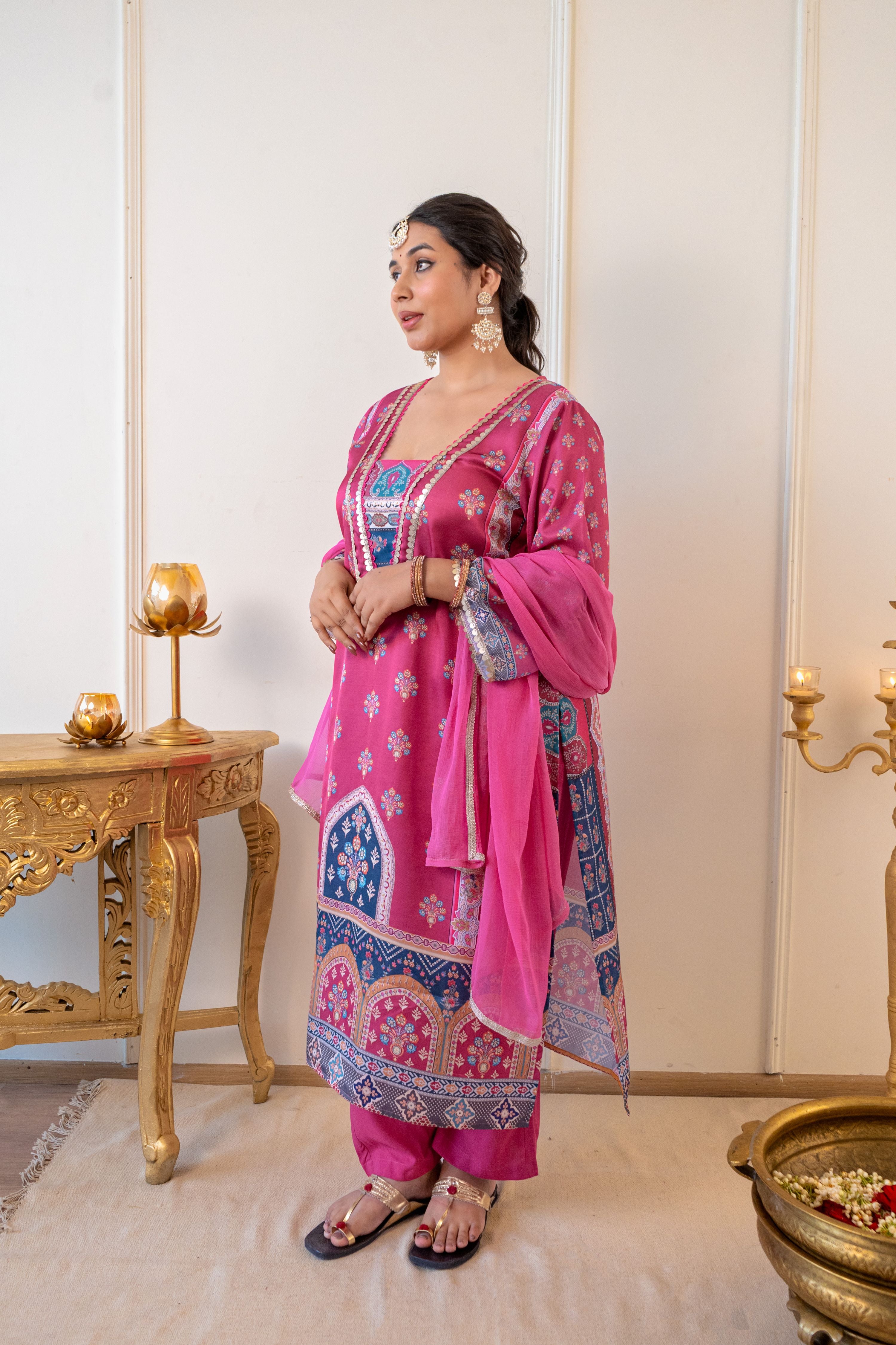 Fuchsia Pink Satin Digital Print Kurta Set