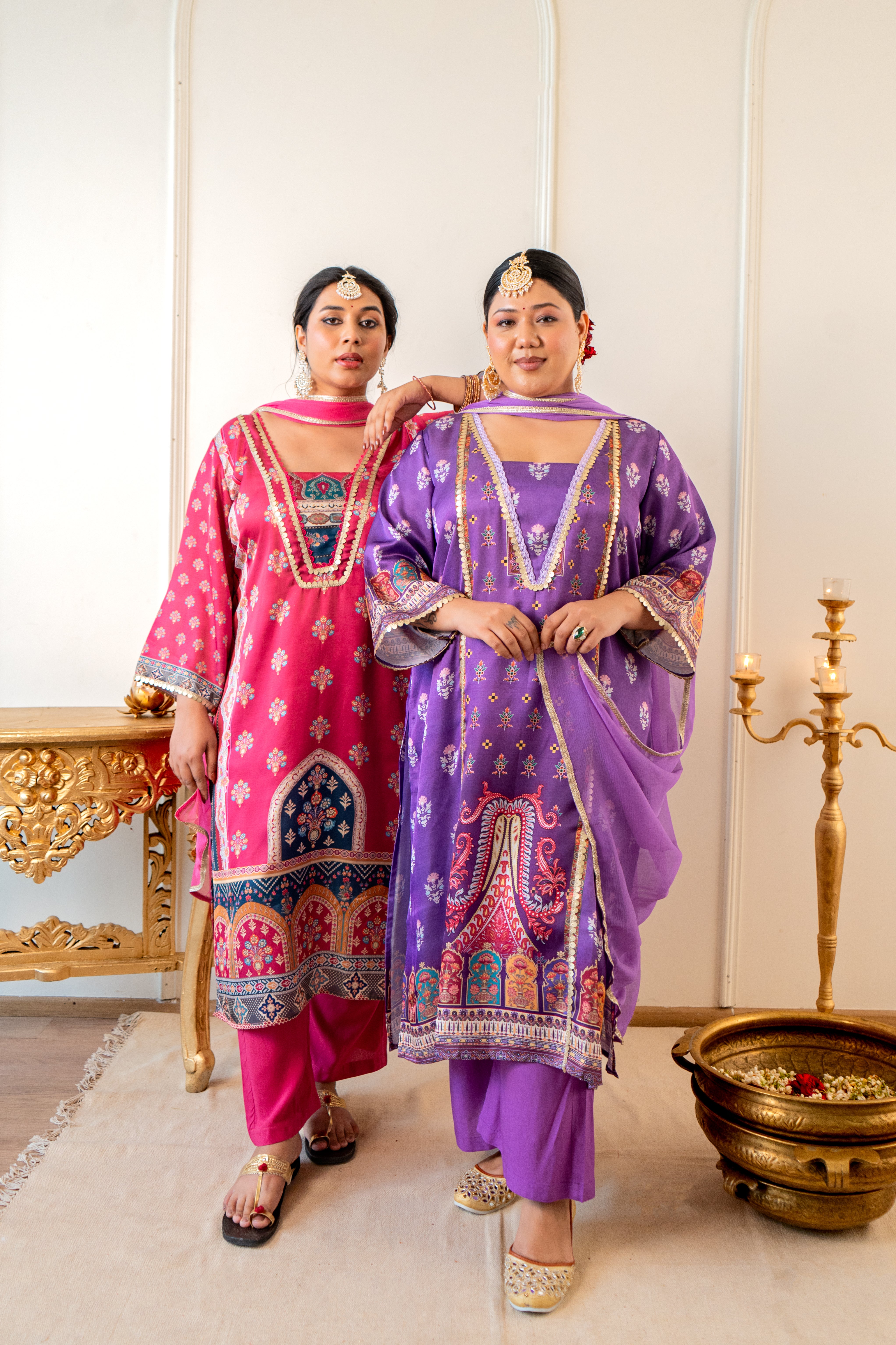 Plum Roman Silk Kurt Set with Gota Detailing