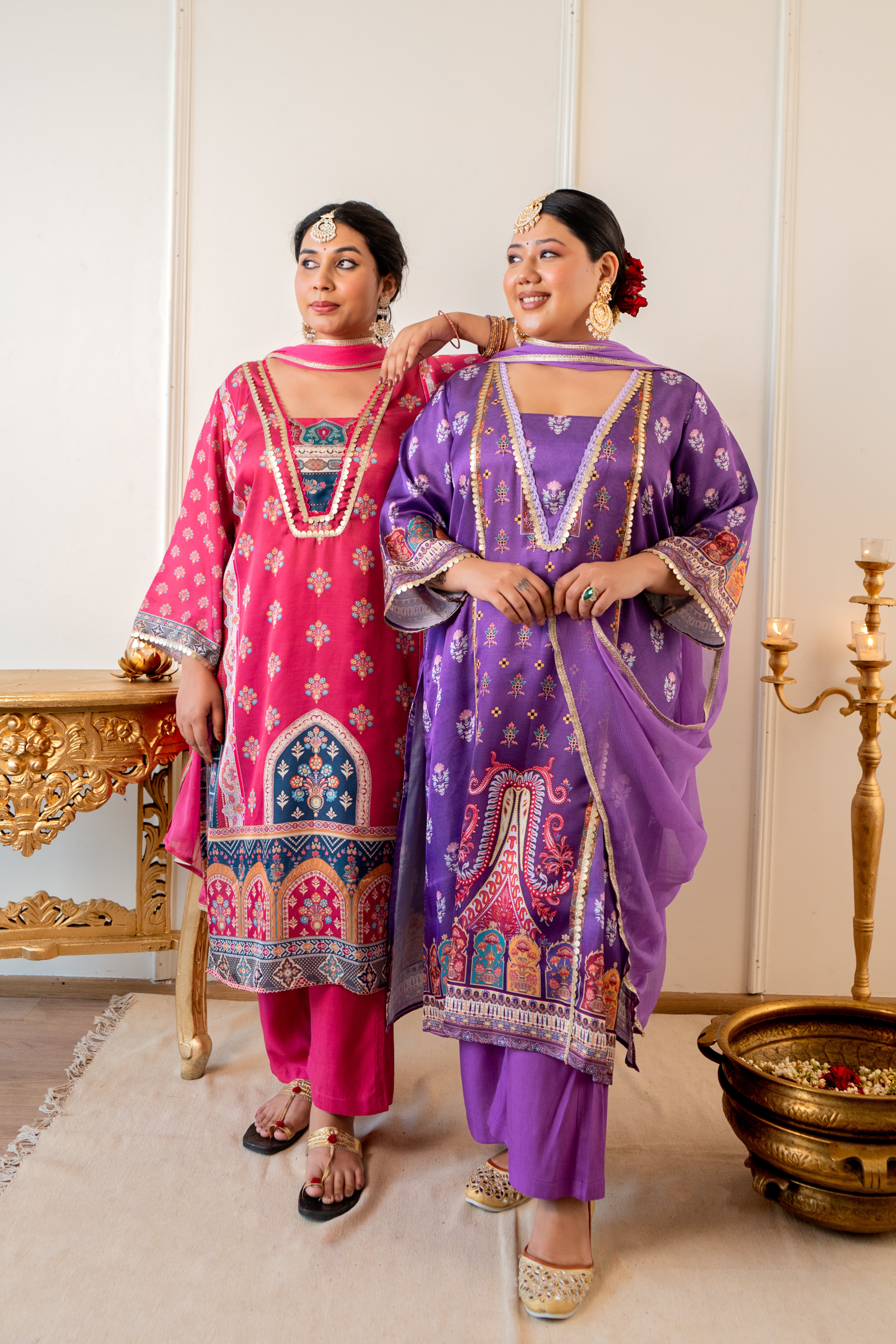 Lavender Satin Digital Print Kurta Set