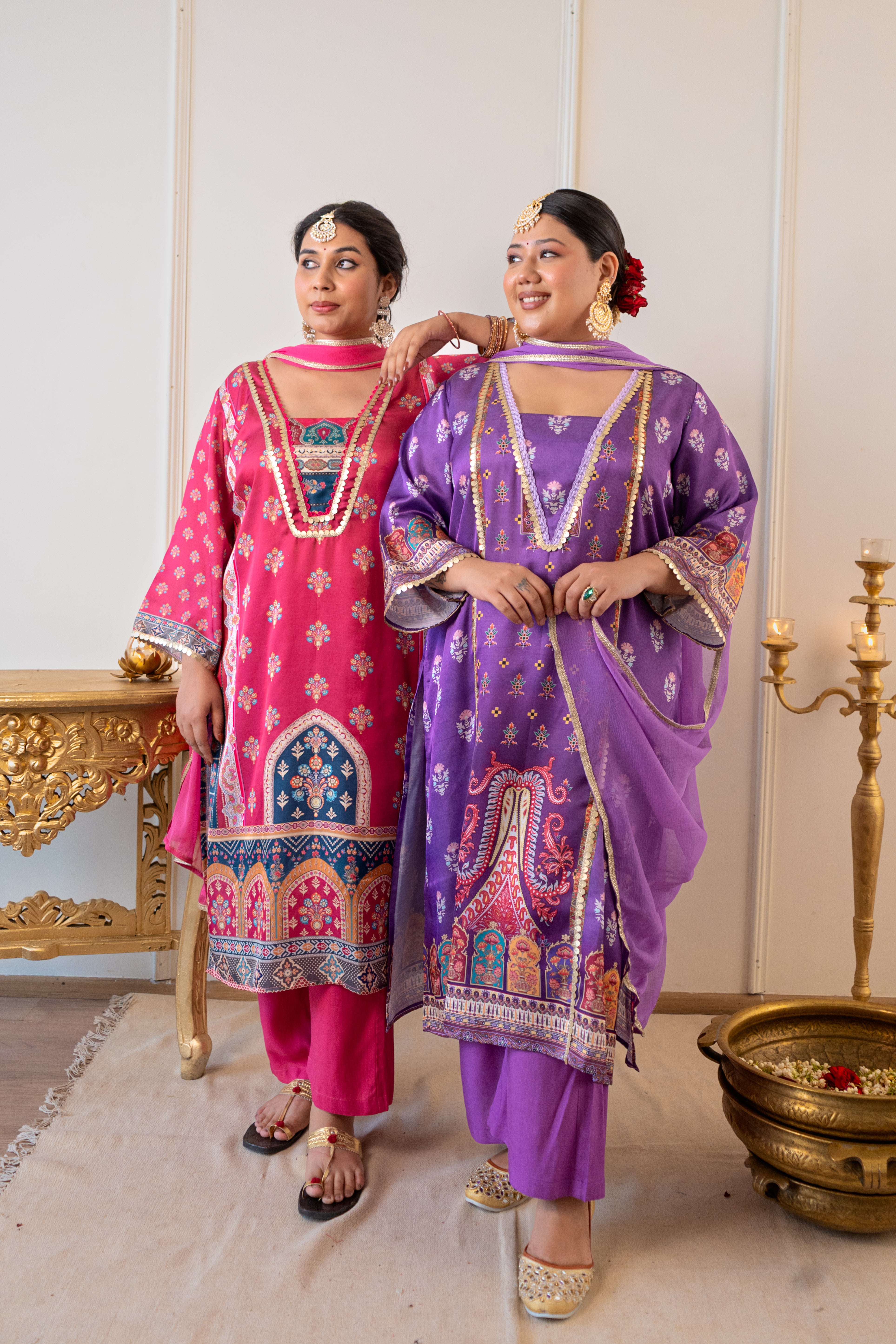 Fuchsia Pink Satin Digital Print Kurta Set