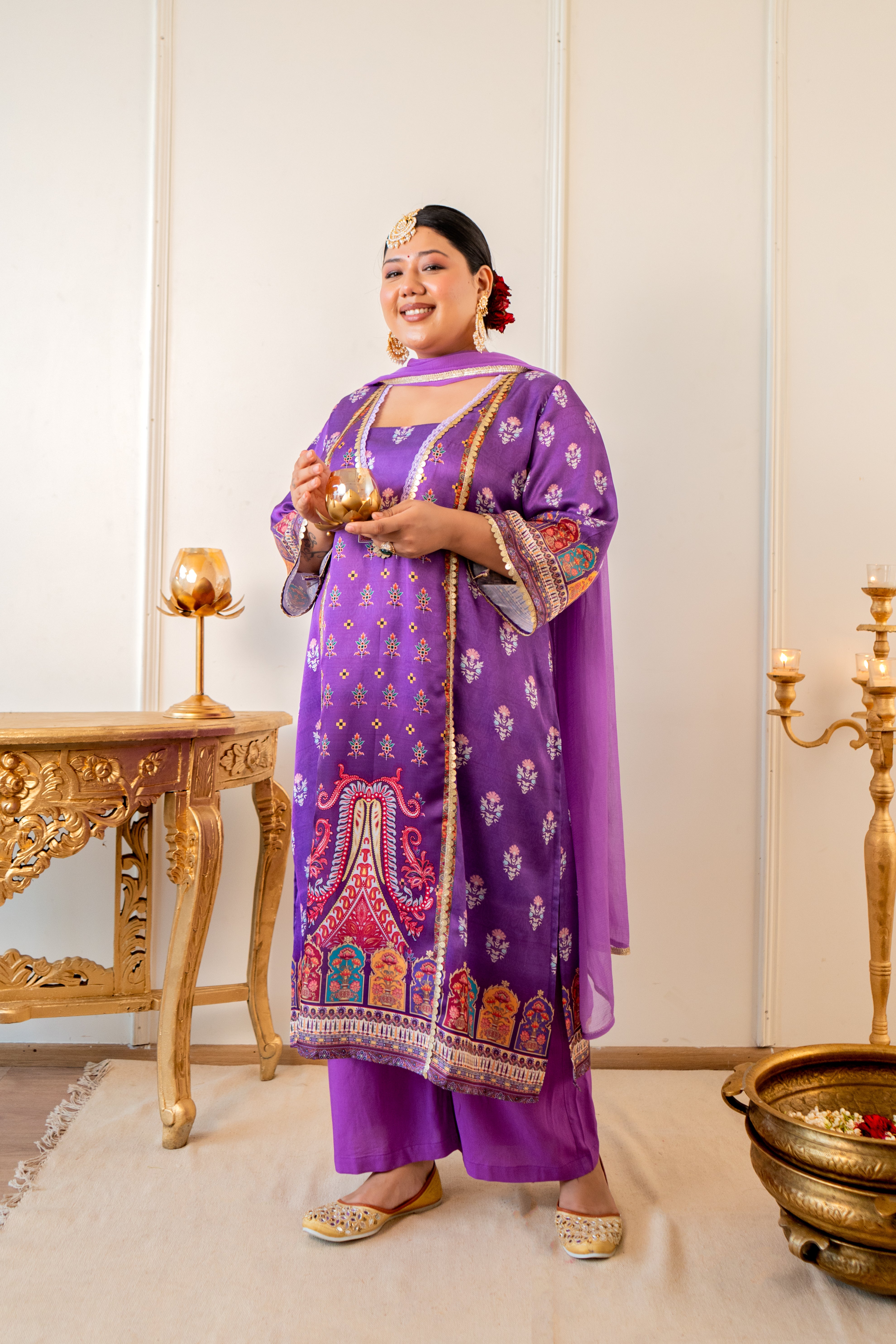 Lavender Satin Digital Print Kurta Set