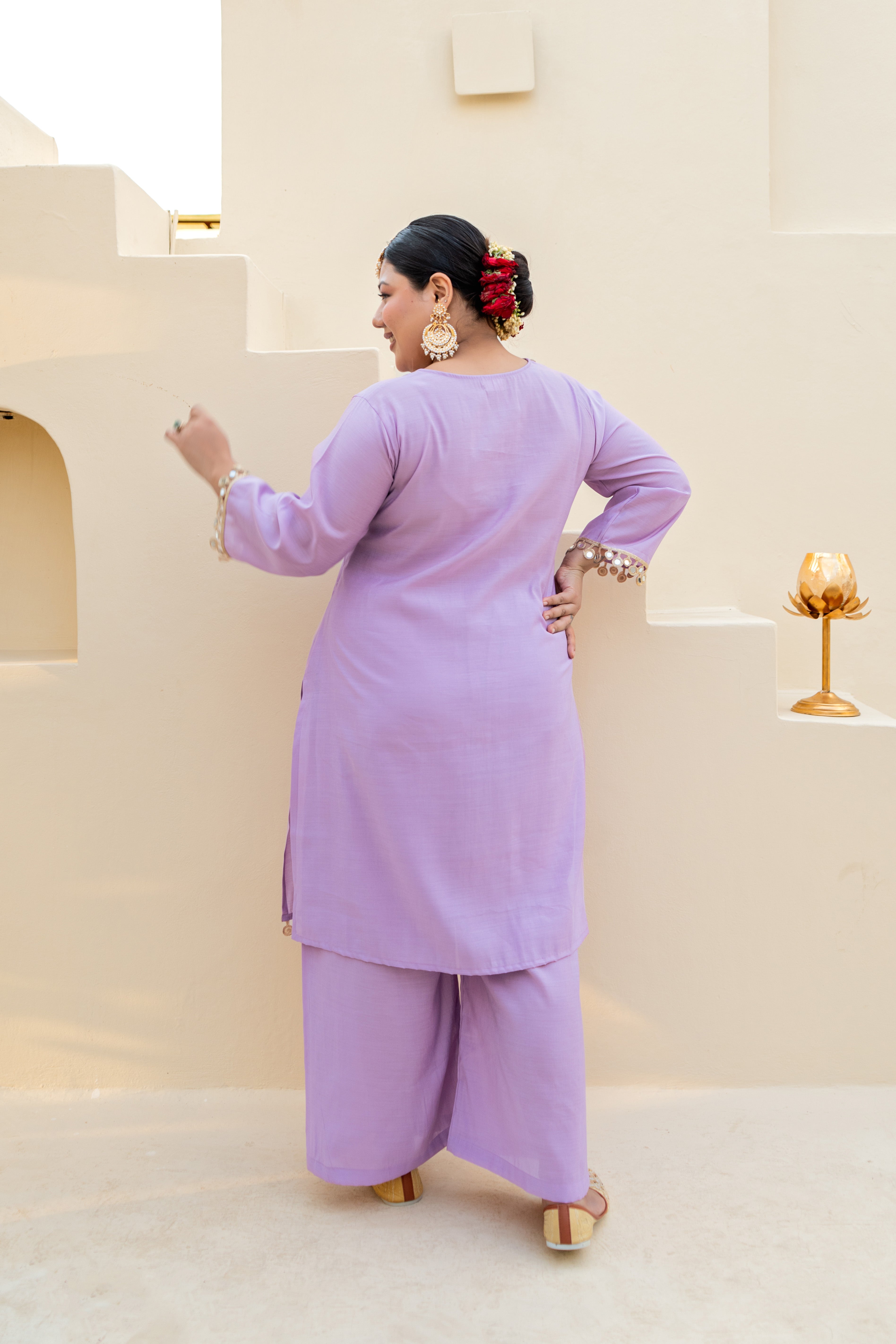 Lilac Mirror-Embellished Roman Silk Kurta Set