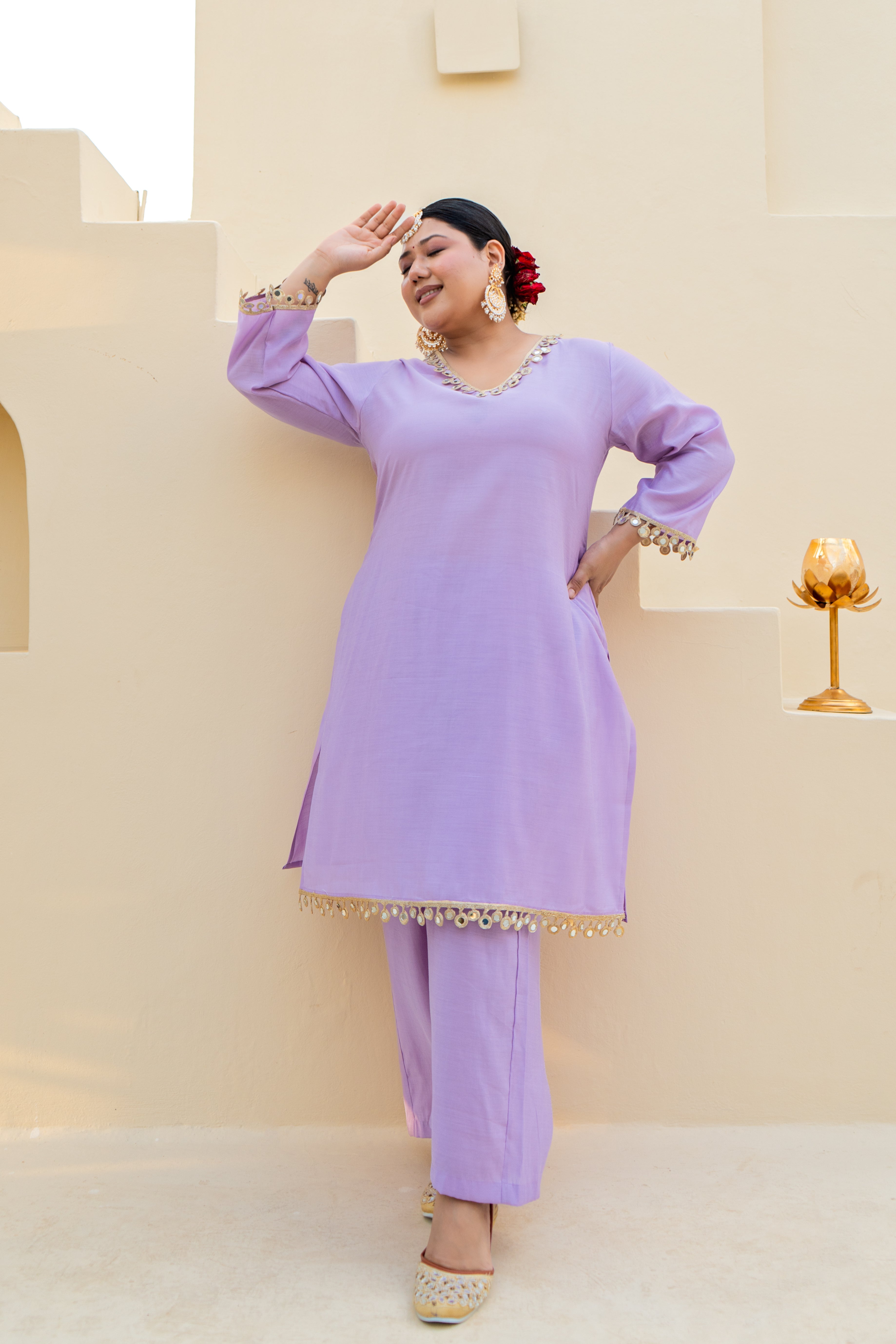 Lilac Mirror-Embellished Roman Silk Kurta Set