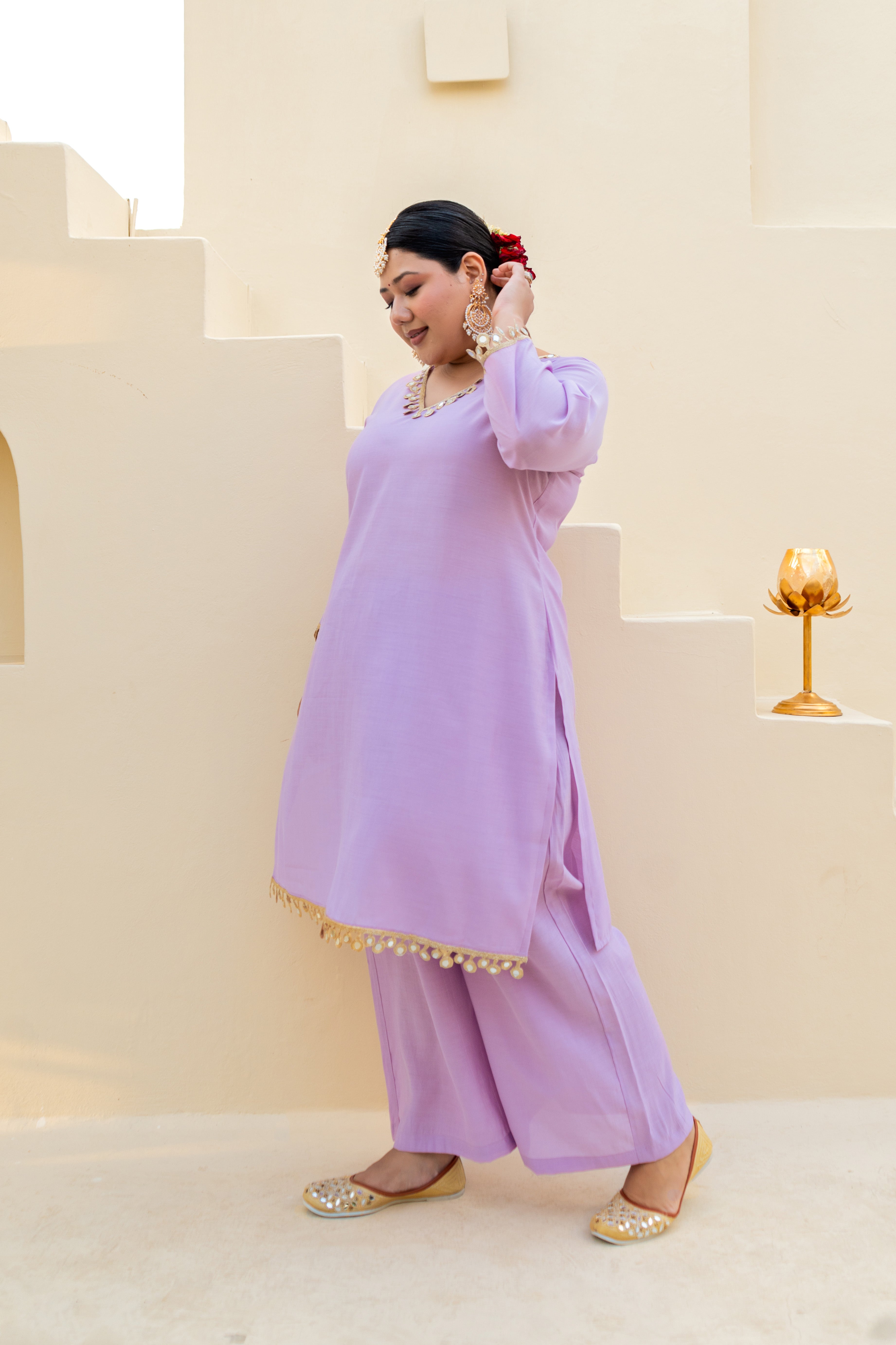 Lilac Mirror-Embellished Roman Silk Kurta Set