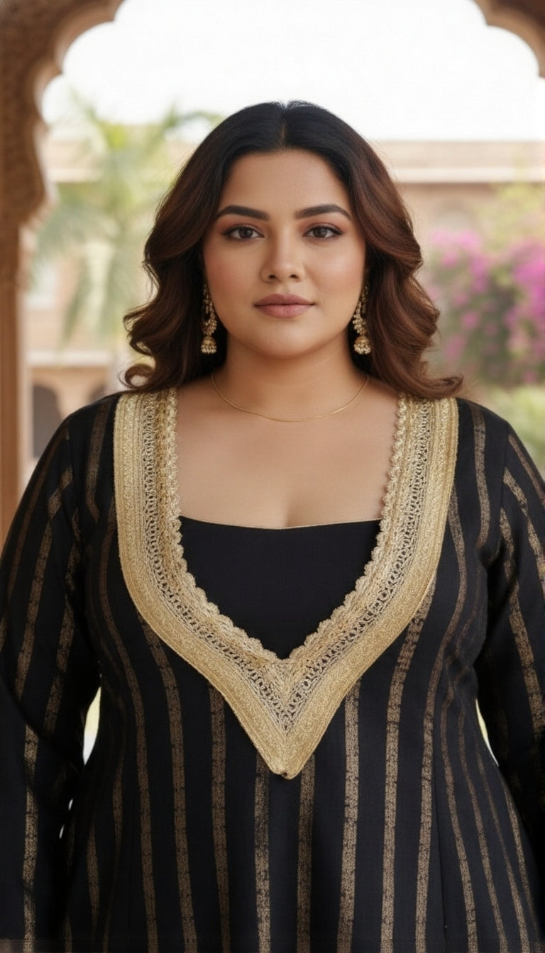 Plus Size Black Golden Ethnic Partywear Kurta & Pants Set for Women