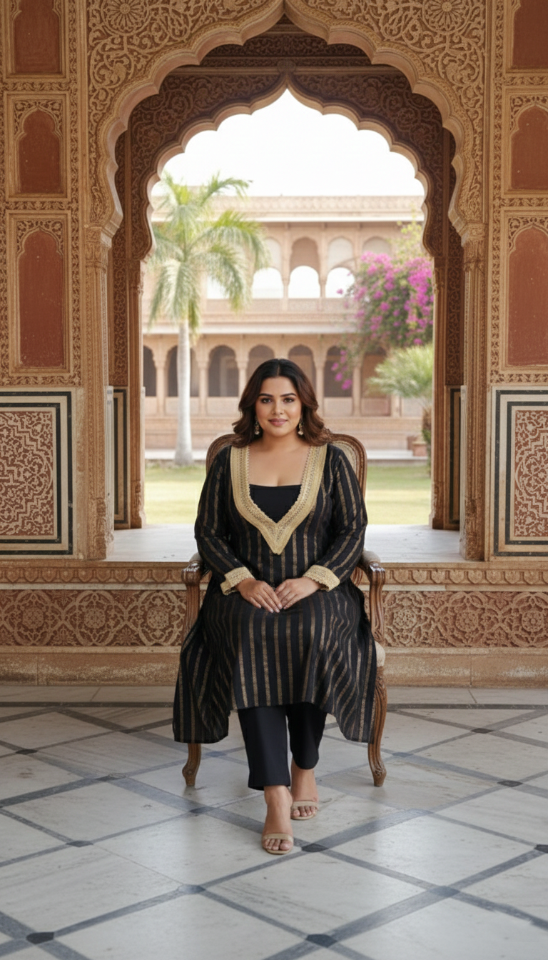 Plus Size Black Golden Ethnic Partywear Kurta & Pants Set for Women