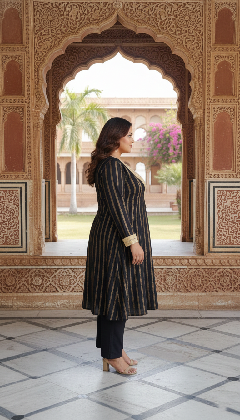 Plus Size Black Golden Ethnic Partywear Kurta & Pants Set for Women