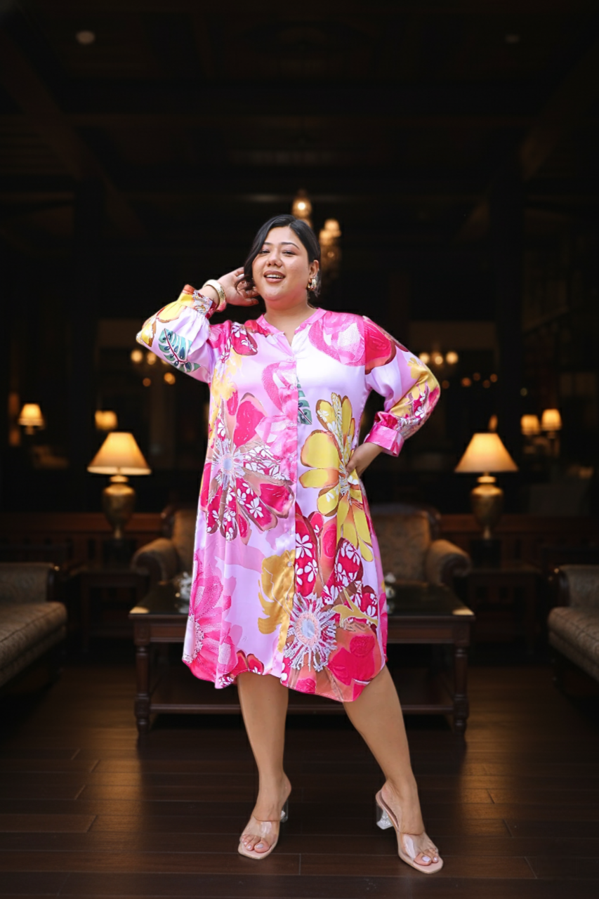 Pink Floral Print Shirt Dress